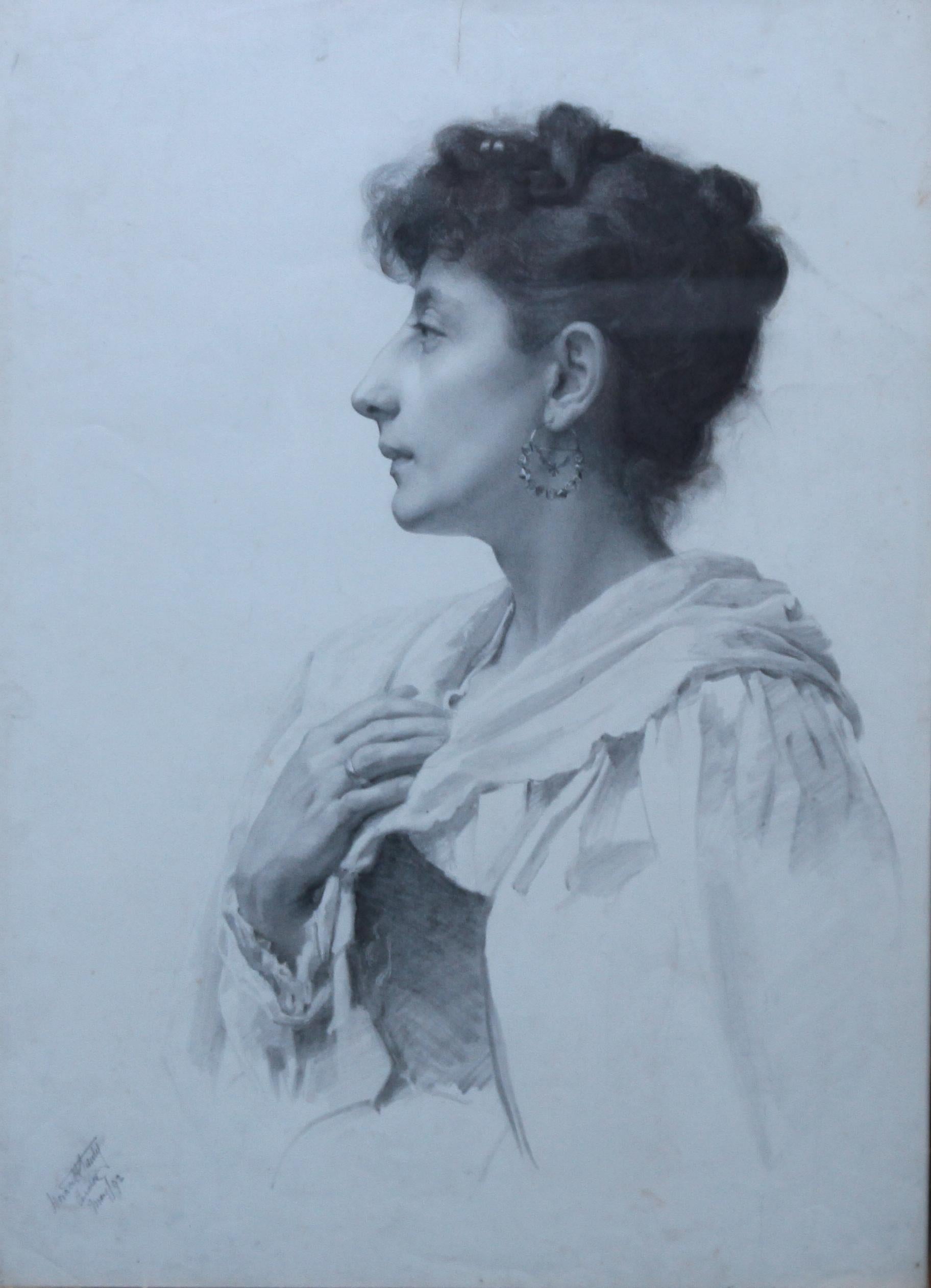 Portrait d'une femme - dessin réaliste au crayon d'art victorien britannique d'une femme en vente 5