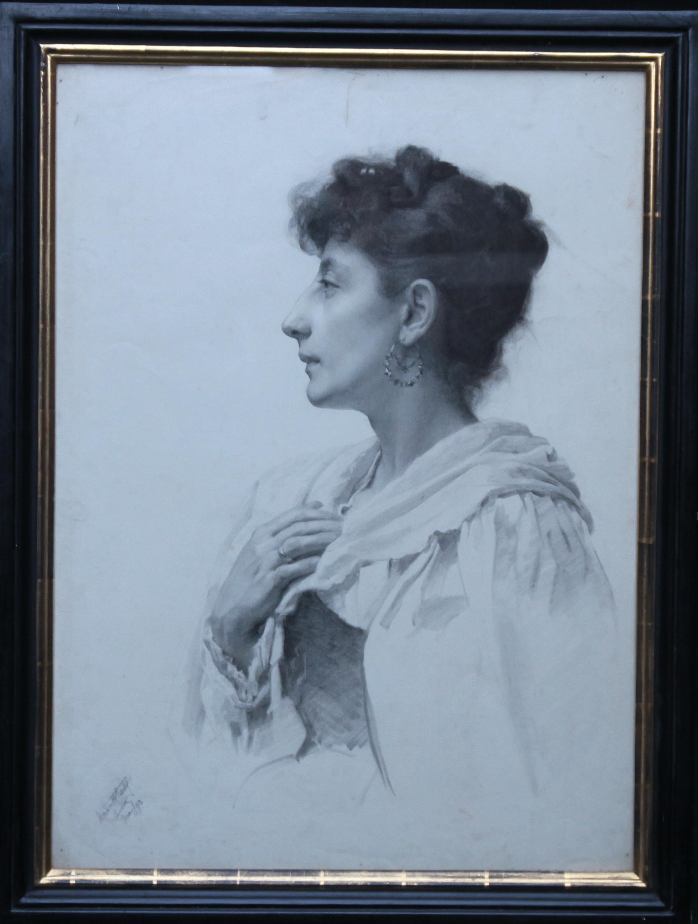 Portrait d'une femme - dessin réaliste au crayon d'art victorien britannique d'une femme en vente 6
