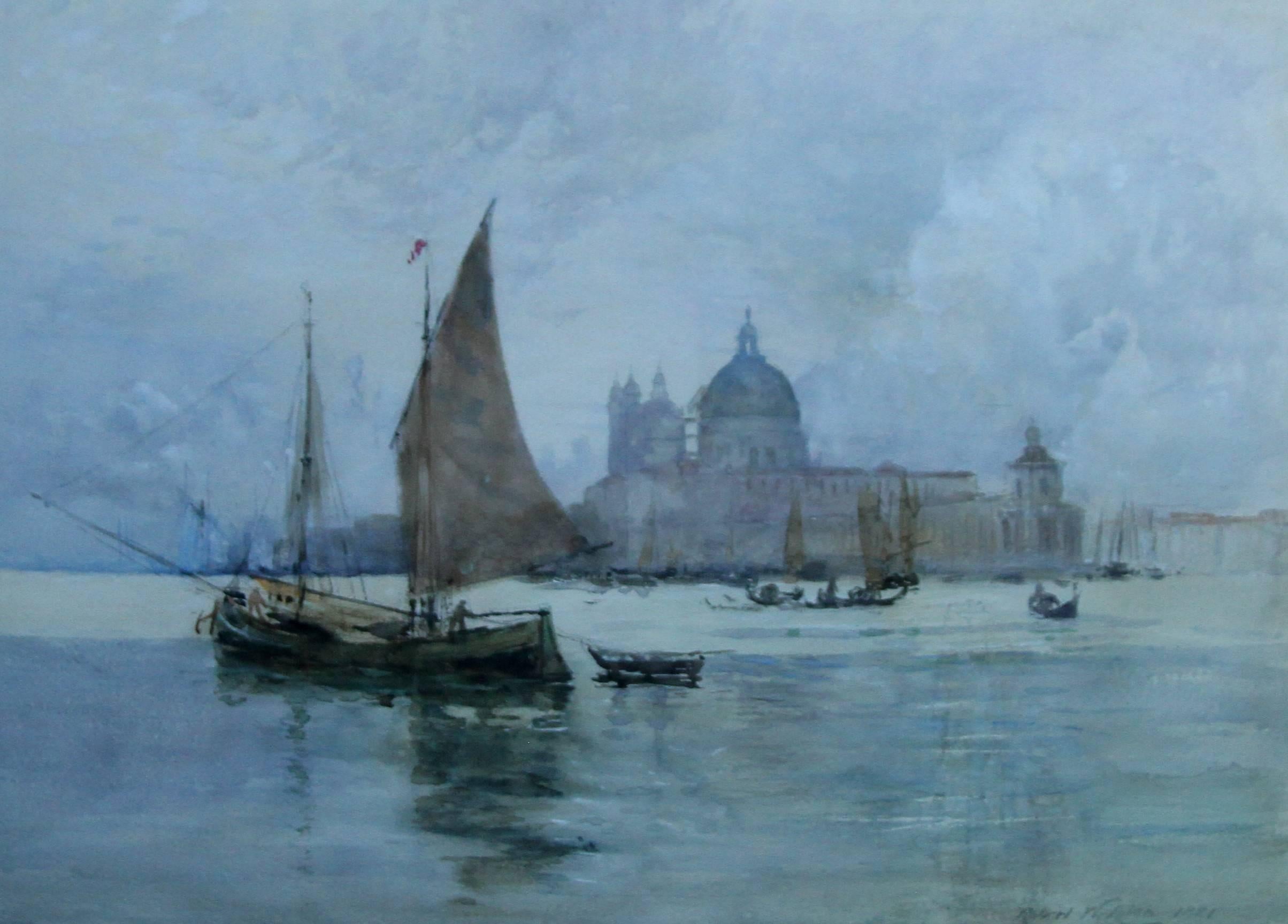 Aquarelle originale datée de 1881 représentant Venise depuis la lagune avec des bateaux et le palais des Doges au loin. Peint par Robert Weir Allan, un artiste écossais qui a beaucoup voyagé et qui est bien connu pour ses aquarelles et ses peintures