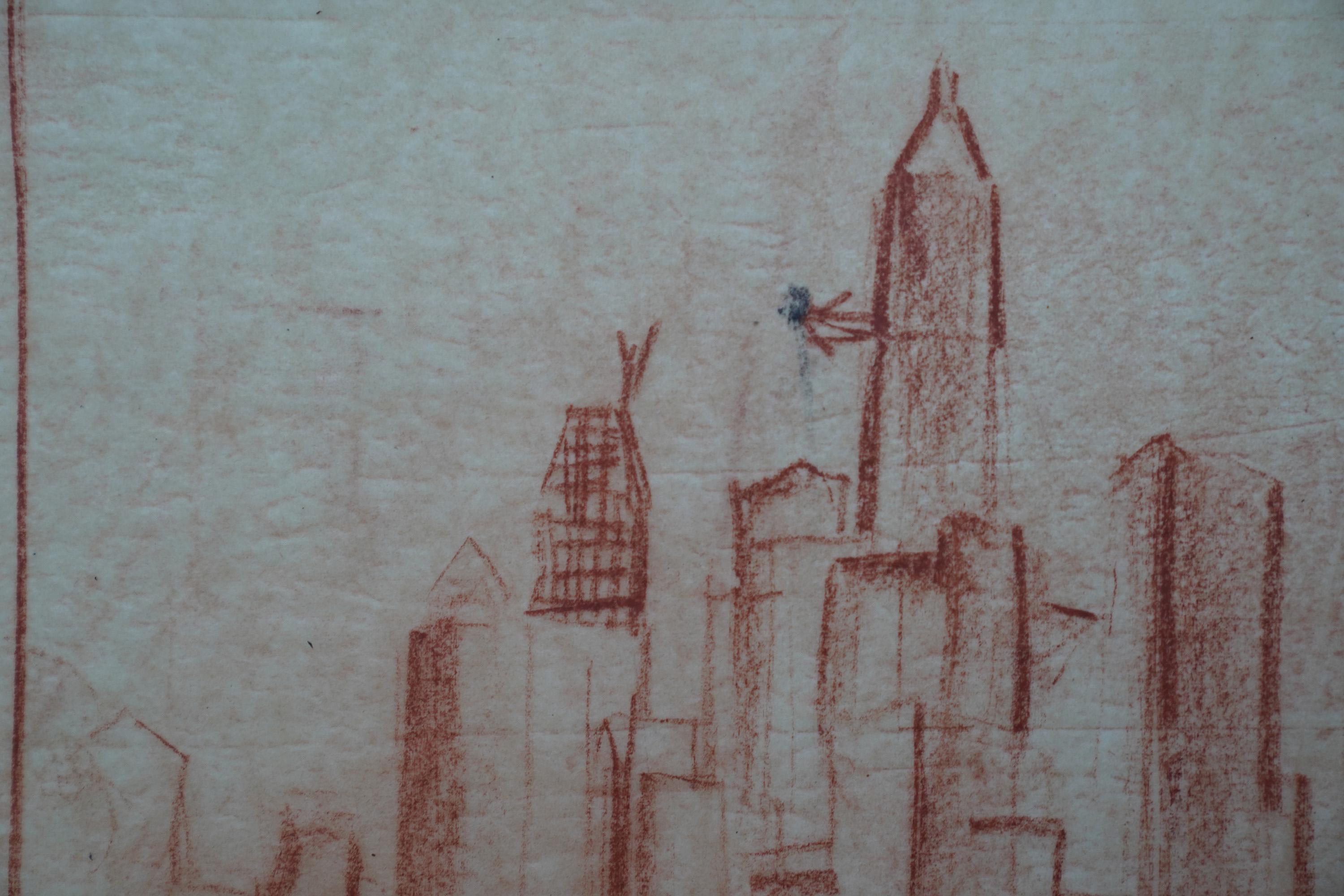 Ce fantastique dessin au crayon à l'huile des années 1920 est l'œuvre de l'artiste néerlandais Adriaan Lubbers. Il montre une vue d'oiseau de New York. La vue porte sur le fleuve et les bateaux en direction de Manhattan.  Une image vraiment