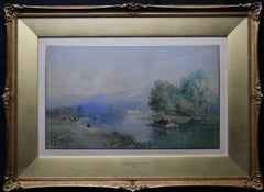 Paysage du Rhin suisse - Peinture à l'aquarelle d'art victorienne britannique - Paysage fluvial  