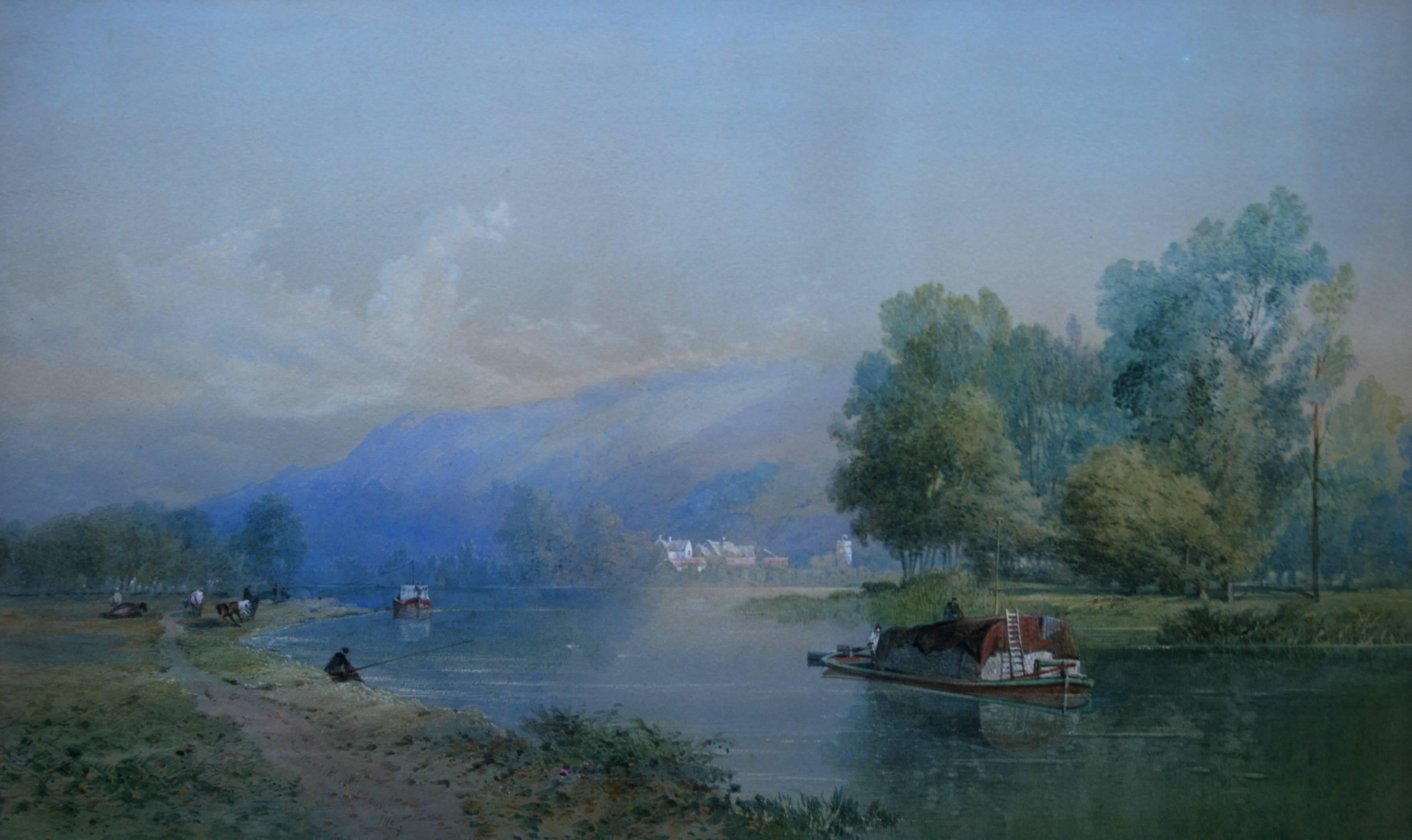 Swiss Rhine Landscape - British Victorian art watercolour painting riverscape   - Art by Edward Richardson