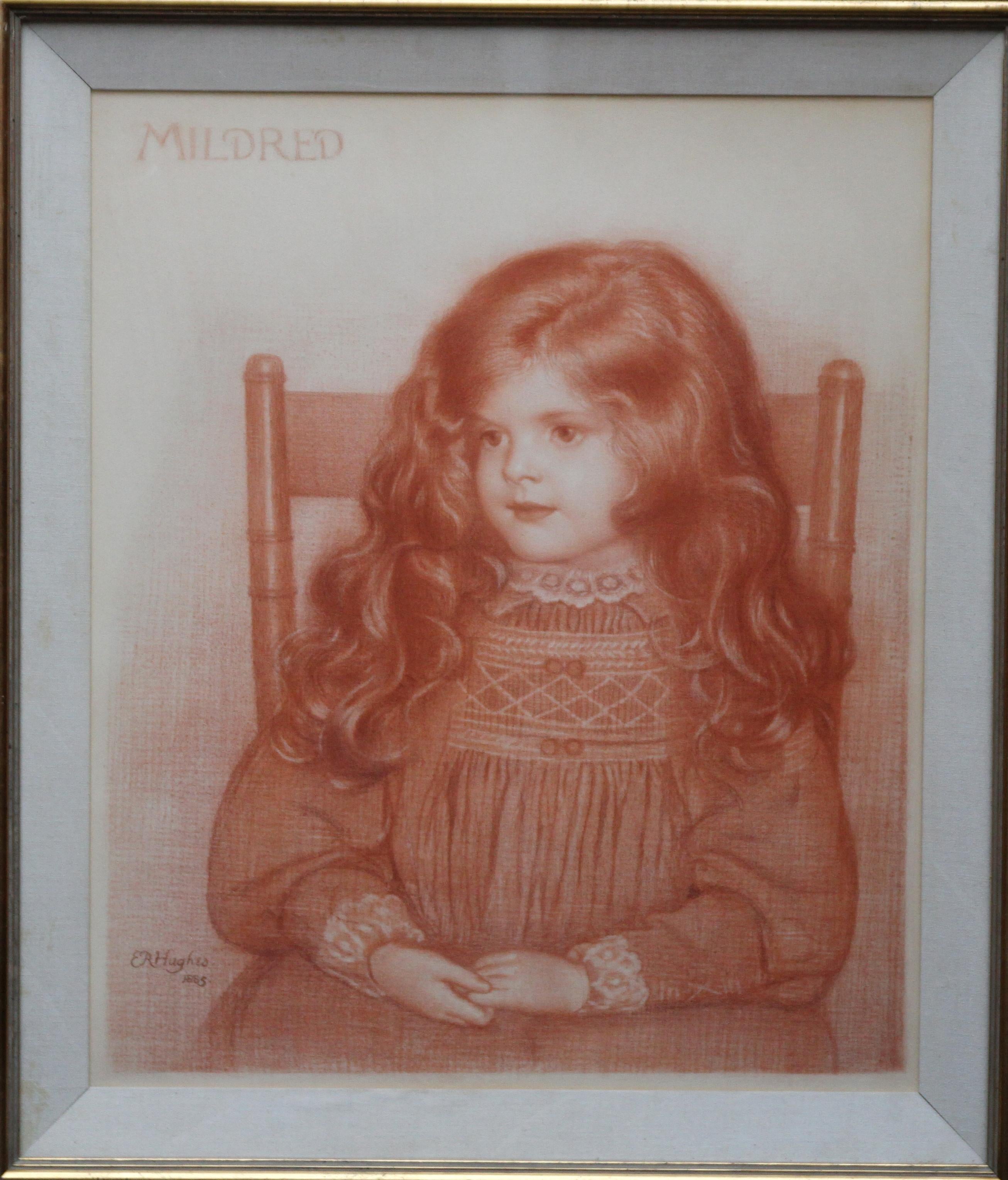 Edward Robert Hughes Portrait – Porträt von Mildred – britisches viktorianisches, präraffaelitisches, sitzendes junges Mädchen