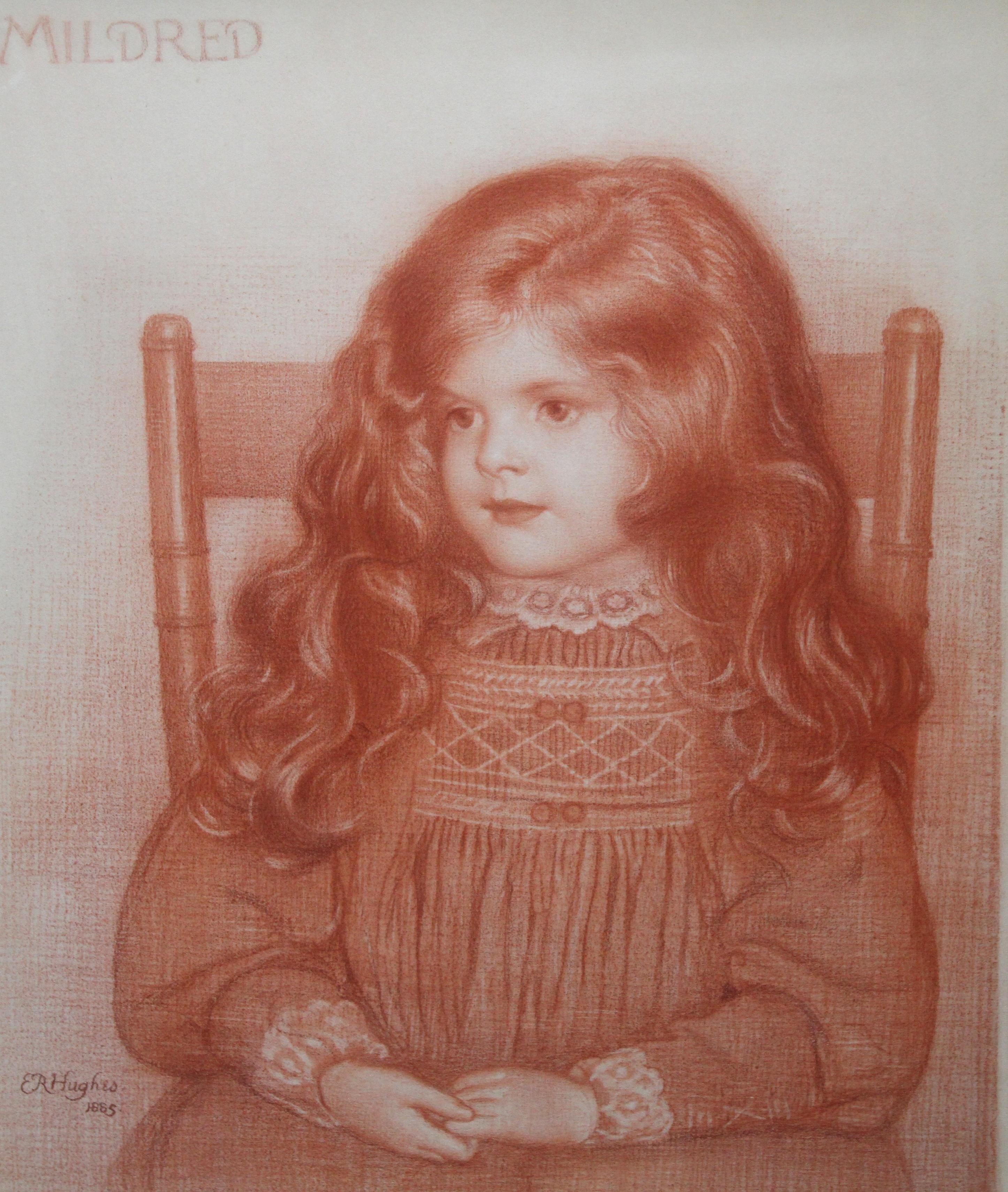 This captivating Victorian sanguine portrait drawing of a young girl is by Pre-Raphaelite British artist Edward Robert Hughes. The red chalk portrait dated 1885 is of Mildred, her name inscribed upper left. She is seated, hands in lap, her long hair