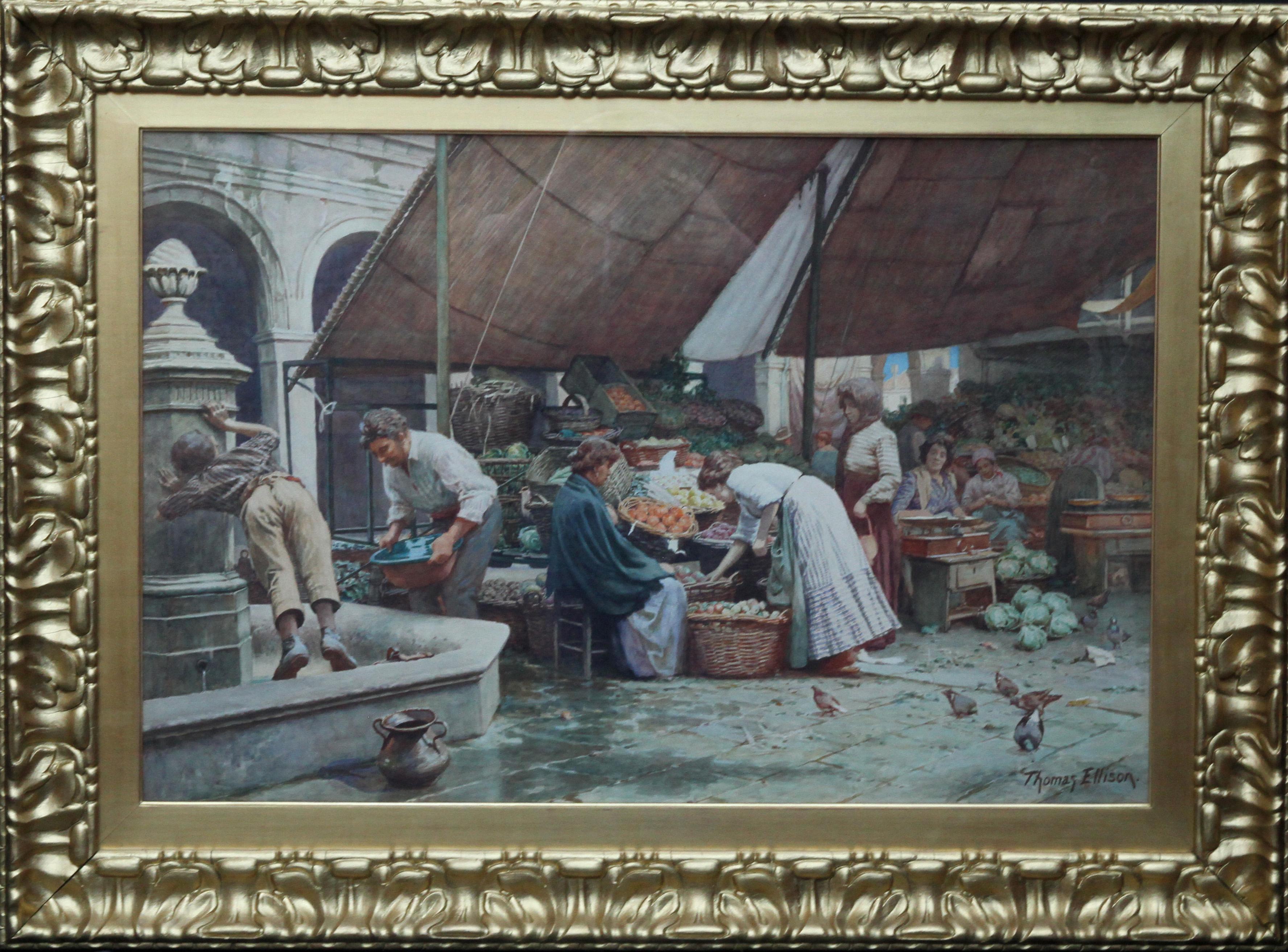 Landscape Art Thomas Ellison - The Market Place Venise - Peinture à l'aquarelle d'art victorienne britannique Italie