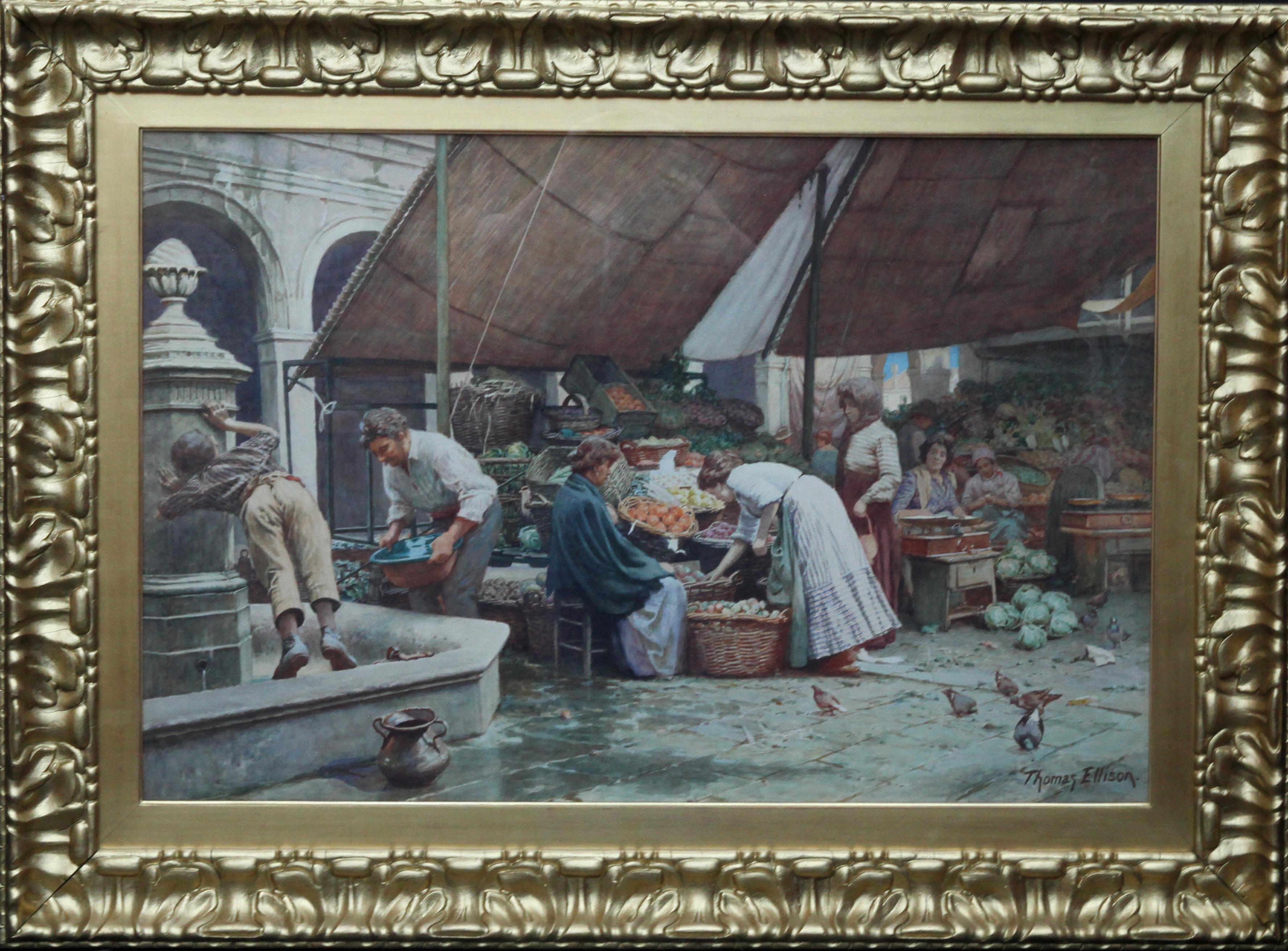 Thomas Ellison Landscape Art - The Market Place Venice - British Victorian art watercolour painting Italy 