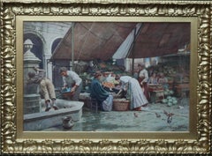 Antique The Market Place Venice - British Victorian art watercolour painting Italy 
