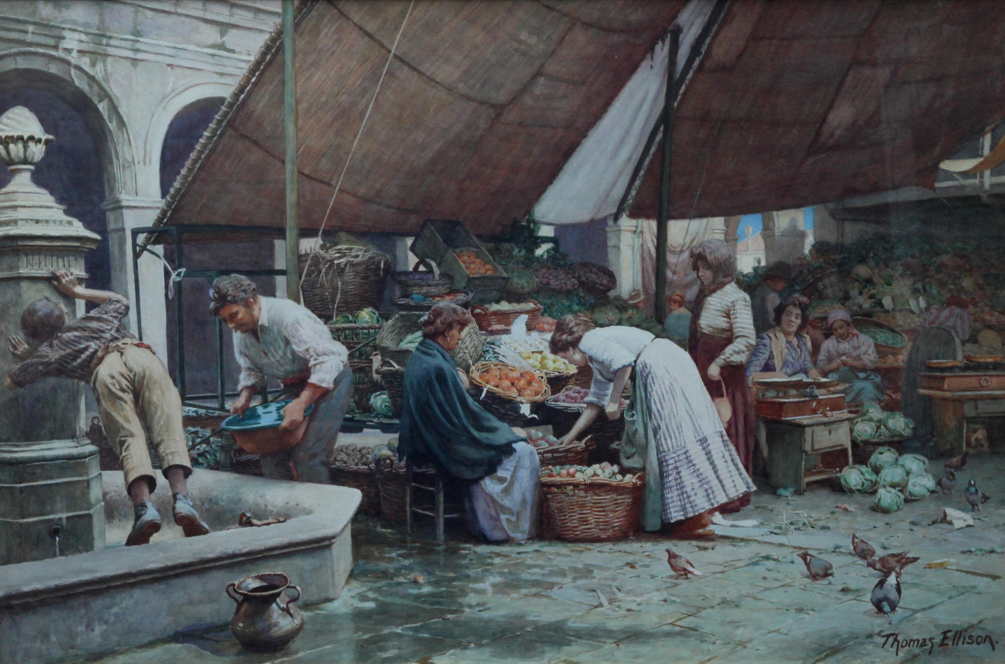 The Market Place Venise - Peinture à l'aquarelle d'art victorienne britannique Italie  - Art de Thomas Ellison
