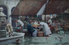 Marktplatz Venedig – britisches viktorianisches Aquarellgemälde, Italien