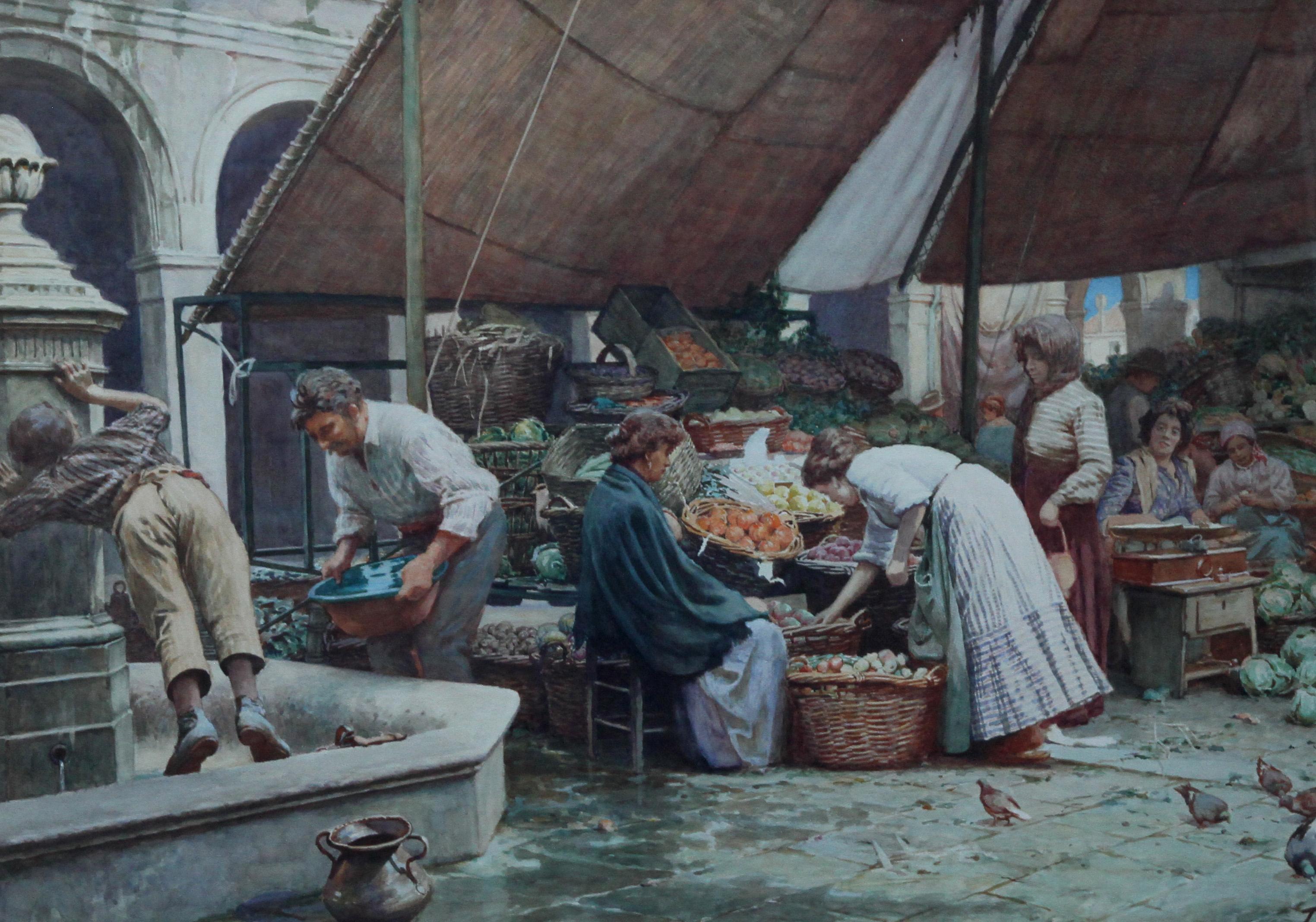 The Market Place Venise - Peinture à l'aquarelle d'art victorienne britannique Italie  - Réalisme Art par Thomas Ellison