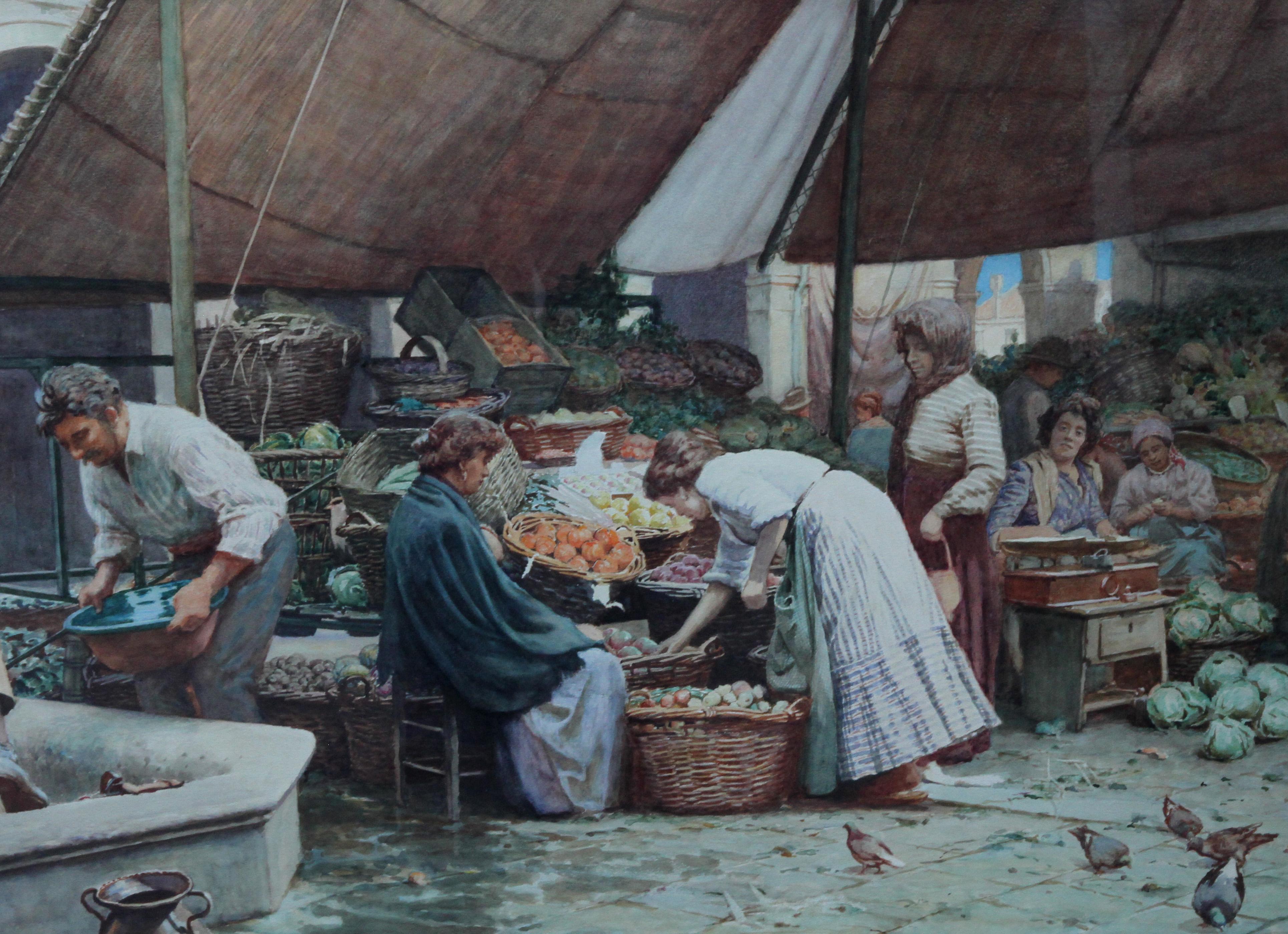 Une belle et grande aquarelle de l'artiste britannique Thomas Ellison, qui a exposé à la Royal Academy et aux British Art Institutions. Il s'agit d'une scène animée représentant le marché de Venise avec de nombreux personnages. Peinte vers 1900,