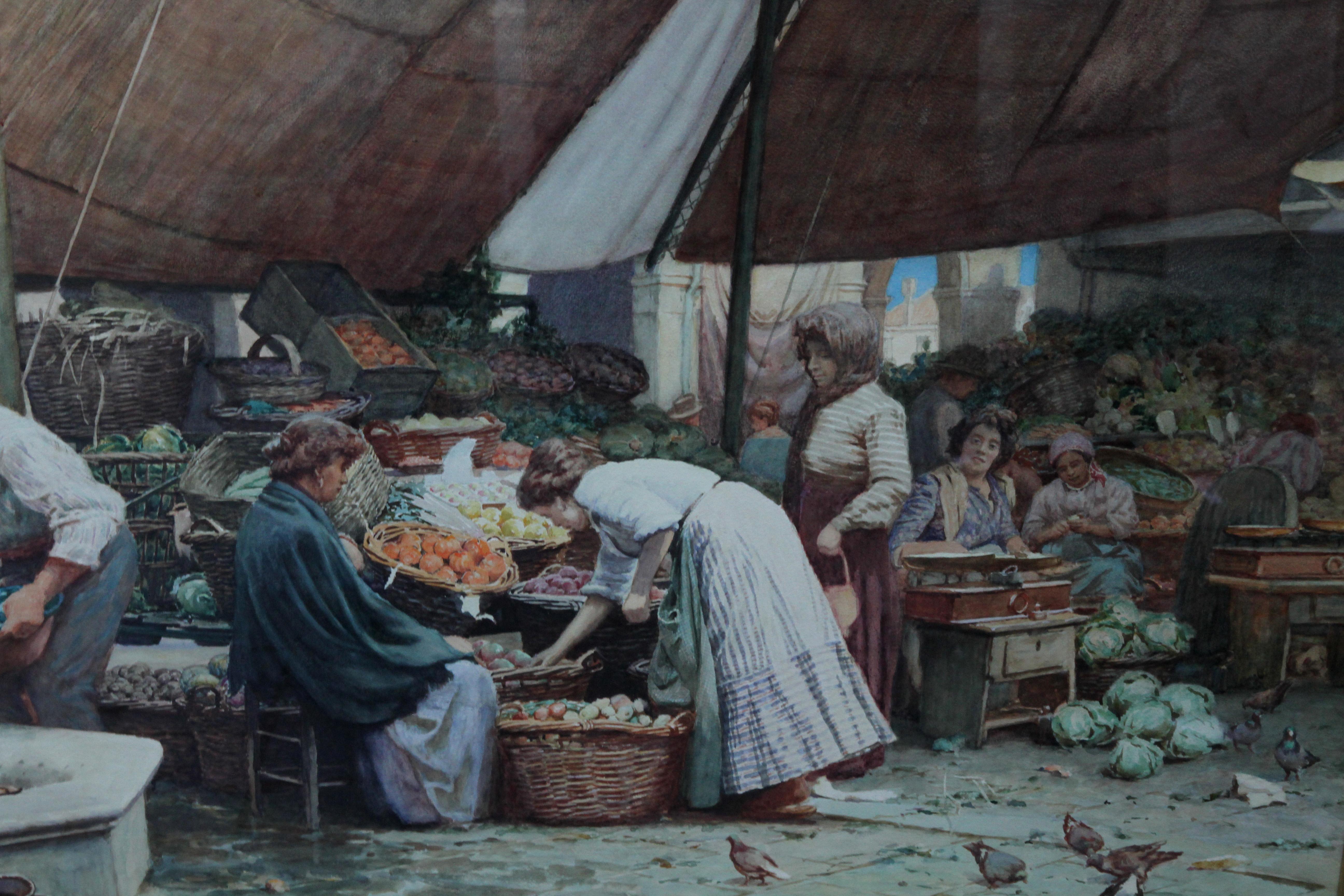 The Market Place Venise - Peinture à l'aquarelle d'art victorienne britannique Italie  en vente 1