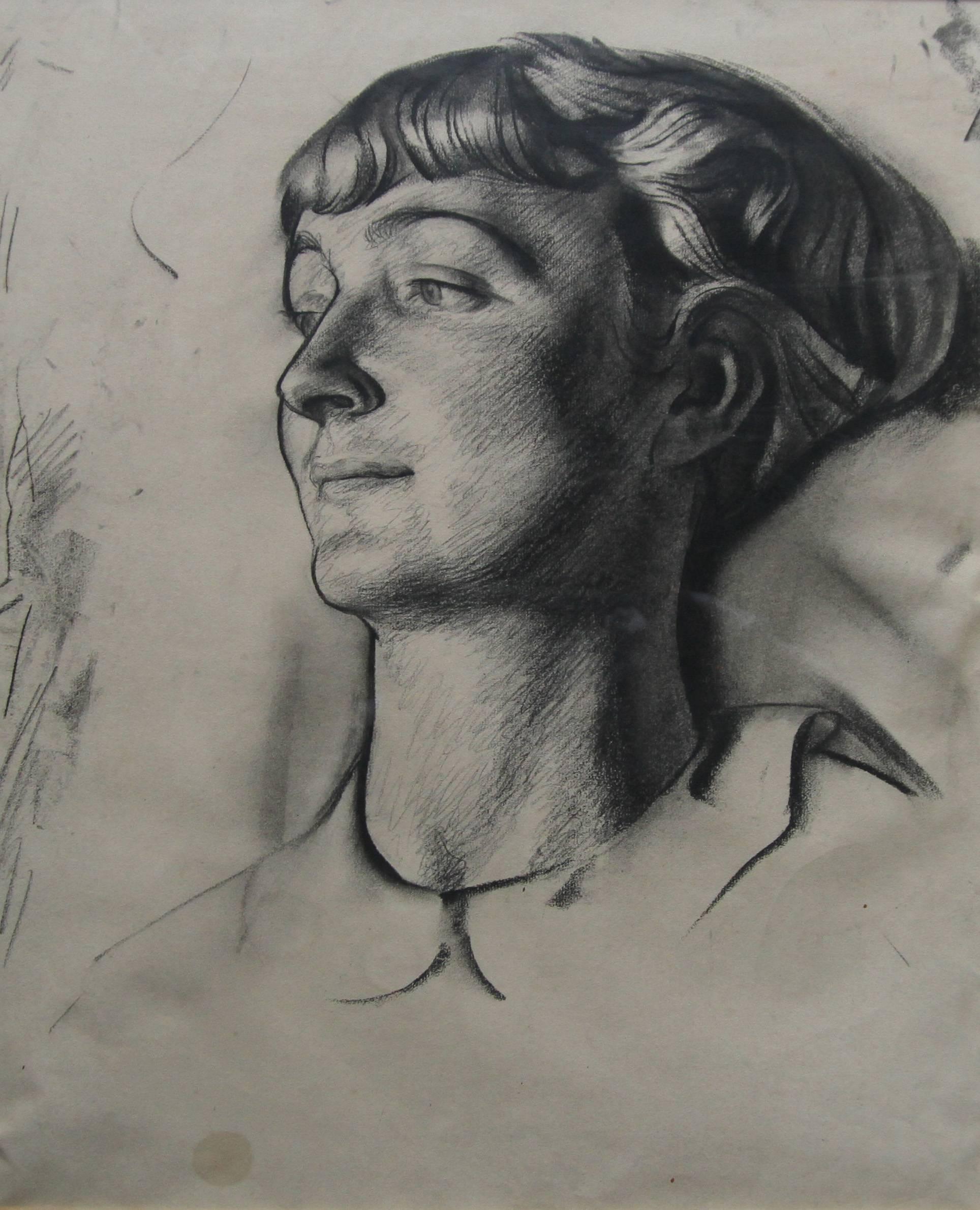 Eine schöne große Kohle- und Bleistiftzeichnung des britischen Künstlers James Stroudley. Es wurde 1931 ausgeführt und ist ein beeindruckendes Beispiel für ein Art-Déco-Porträt der 1930er Jahre. Es ist sehr stark und plakativ und zeigt das Porträt