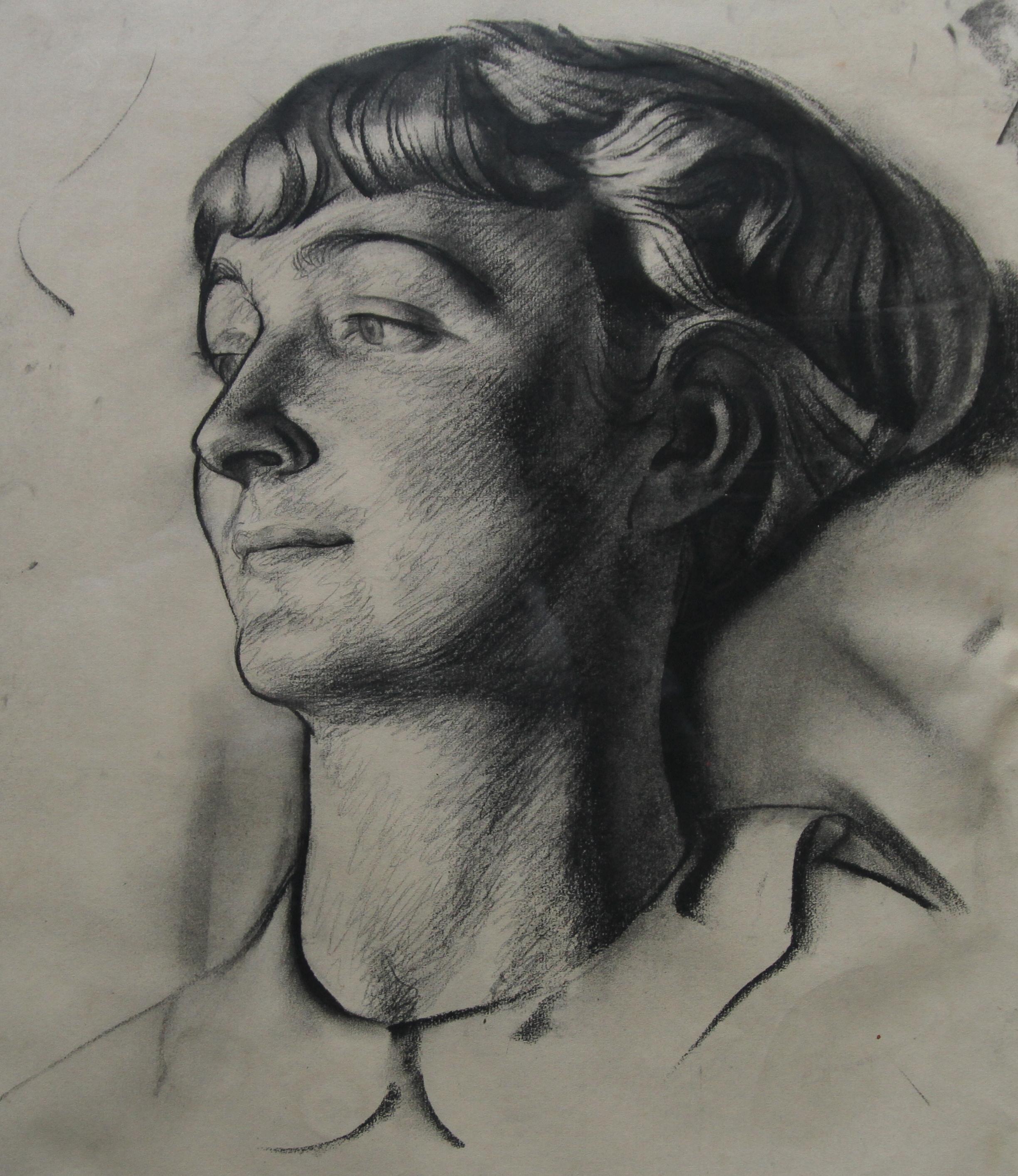 Porträt einer jungen Frau – Art-Déco-Porträtzeichnung eines britischen Künstlers aus den 1930er Jahren im Angebot 1