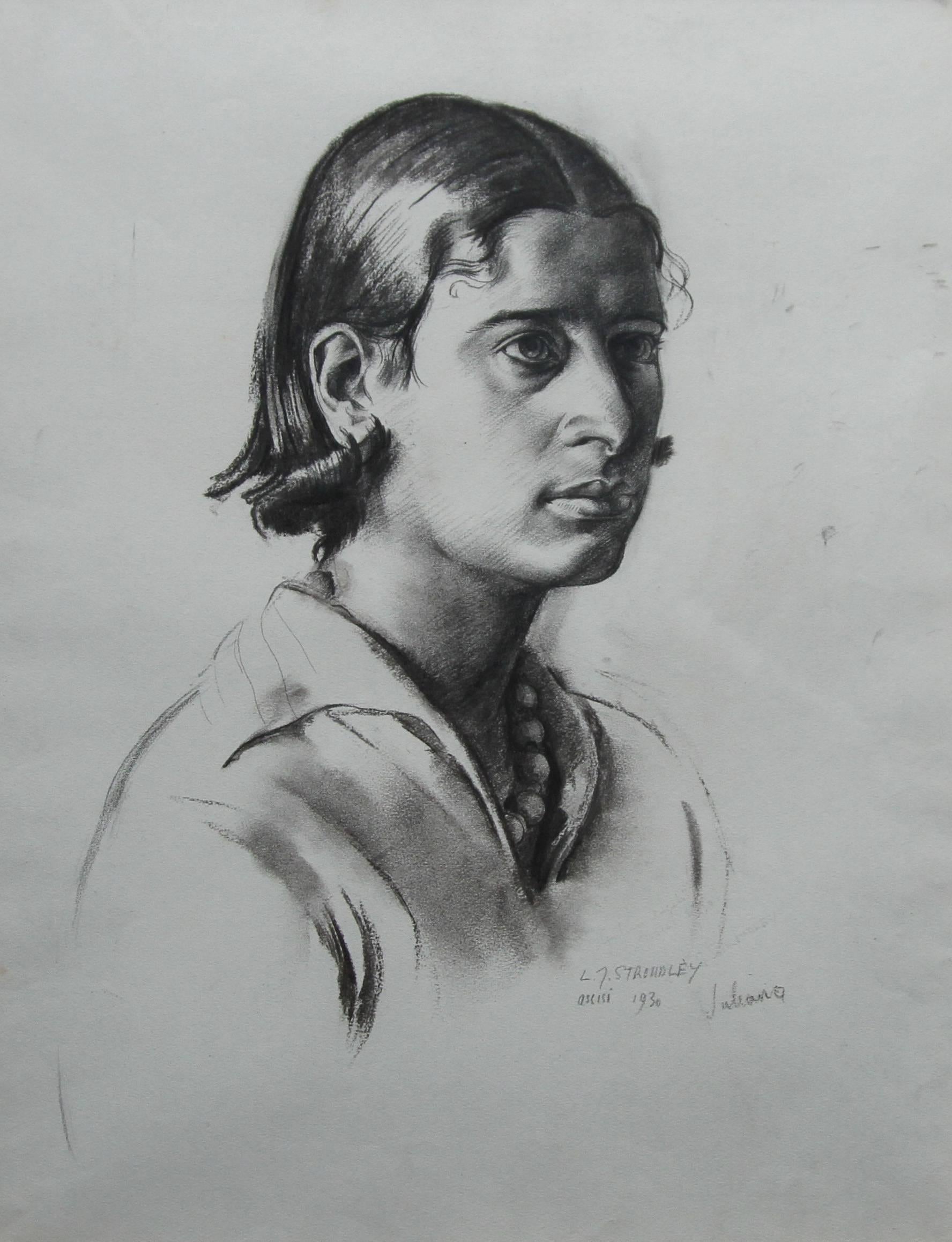 Portrait de Juliana - dessin au crayon au fusain Art Déco britannique d'une femme  en vente 1