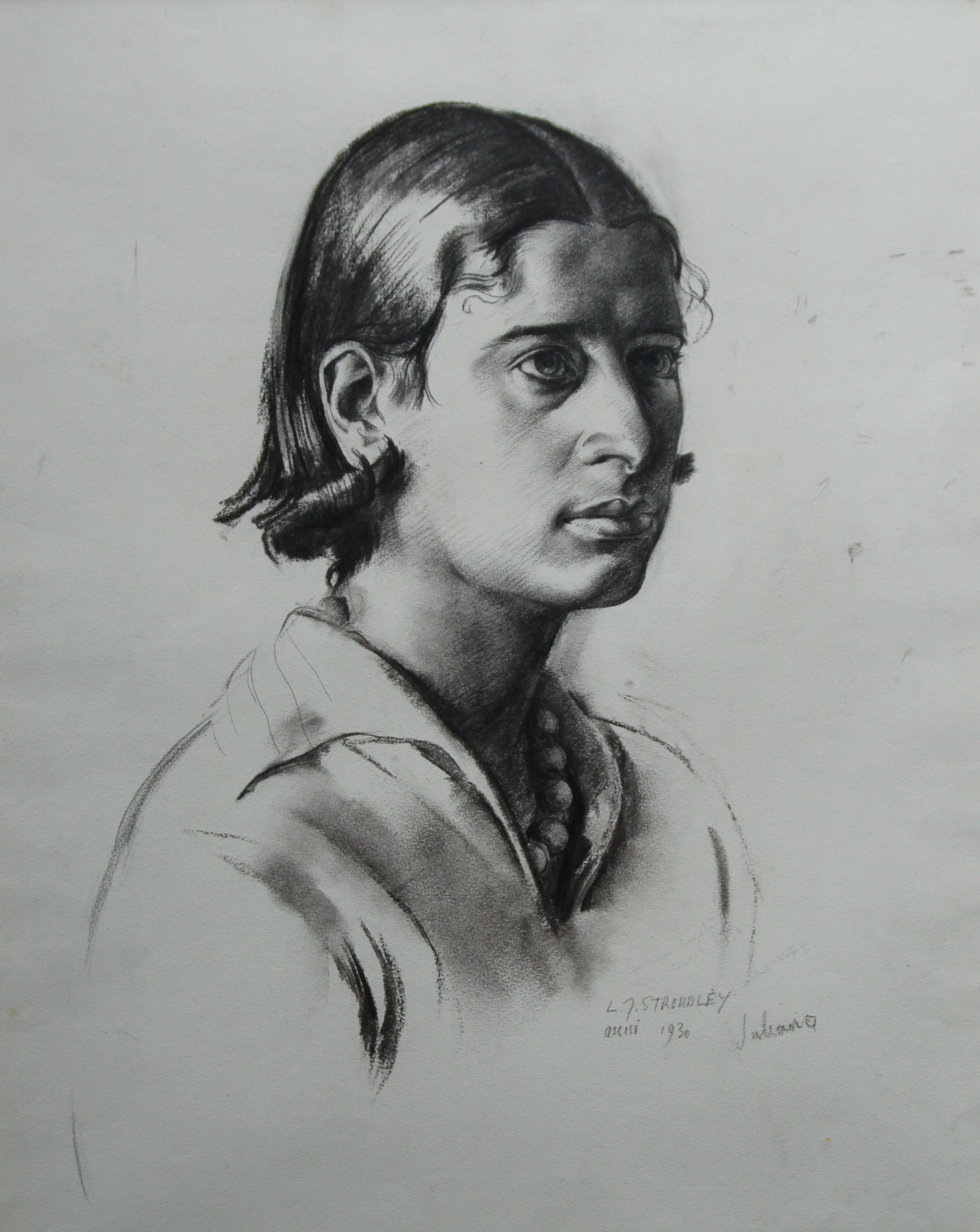Portrait de Juliana - dessin au crayon au fusain Art Déco britannique d'une femme  en vente 6
