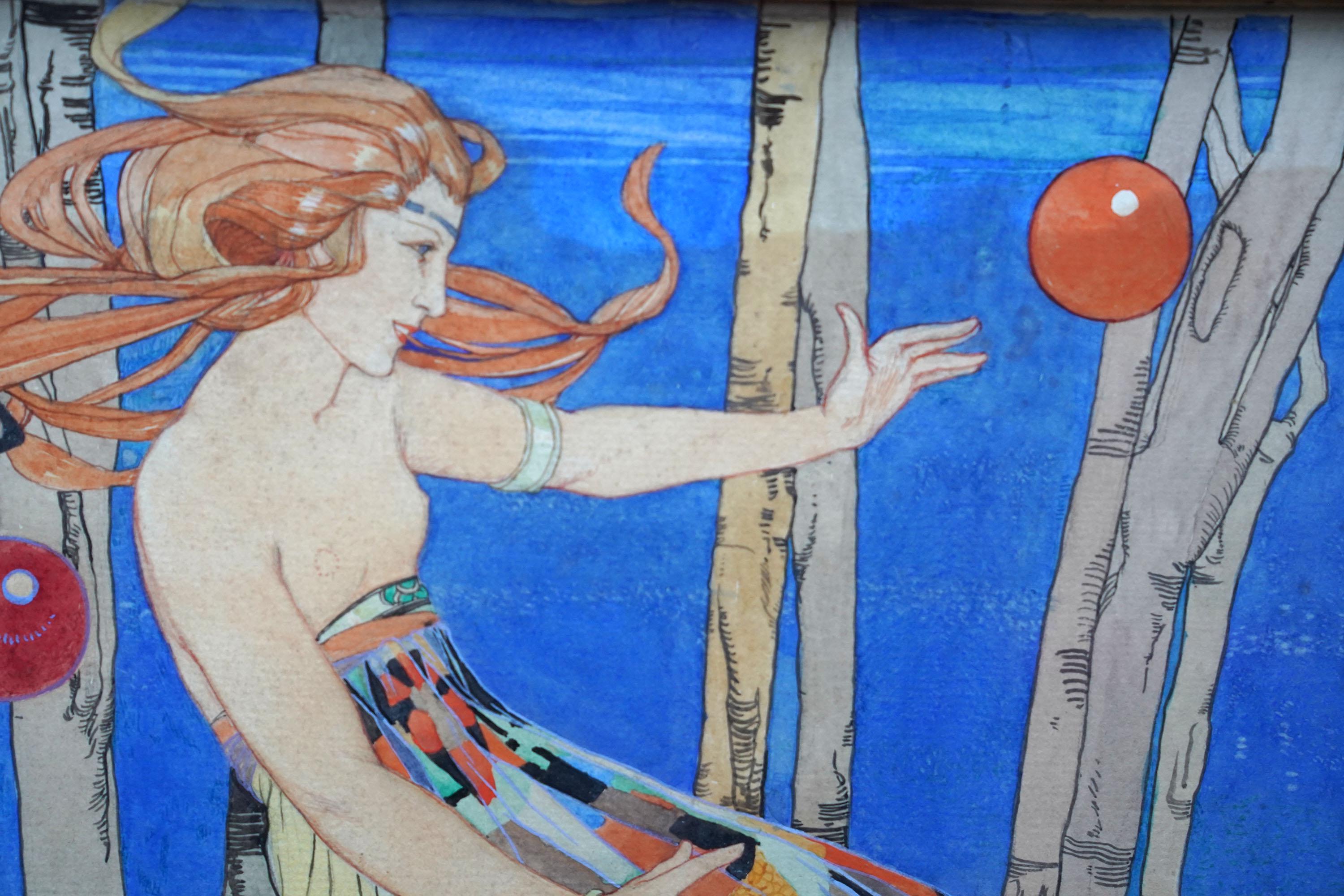 Caerulea - Pintura figurativa británica Art Decó c1935 acuarela y tinta en venta 4