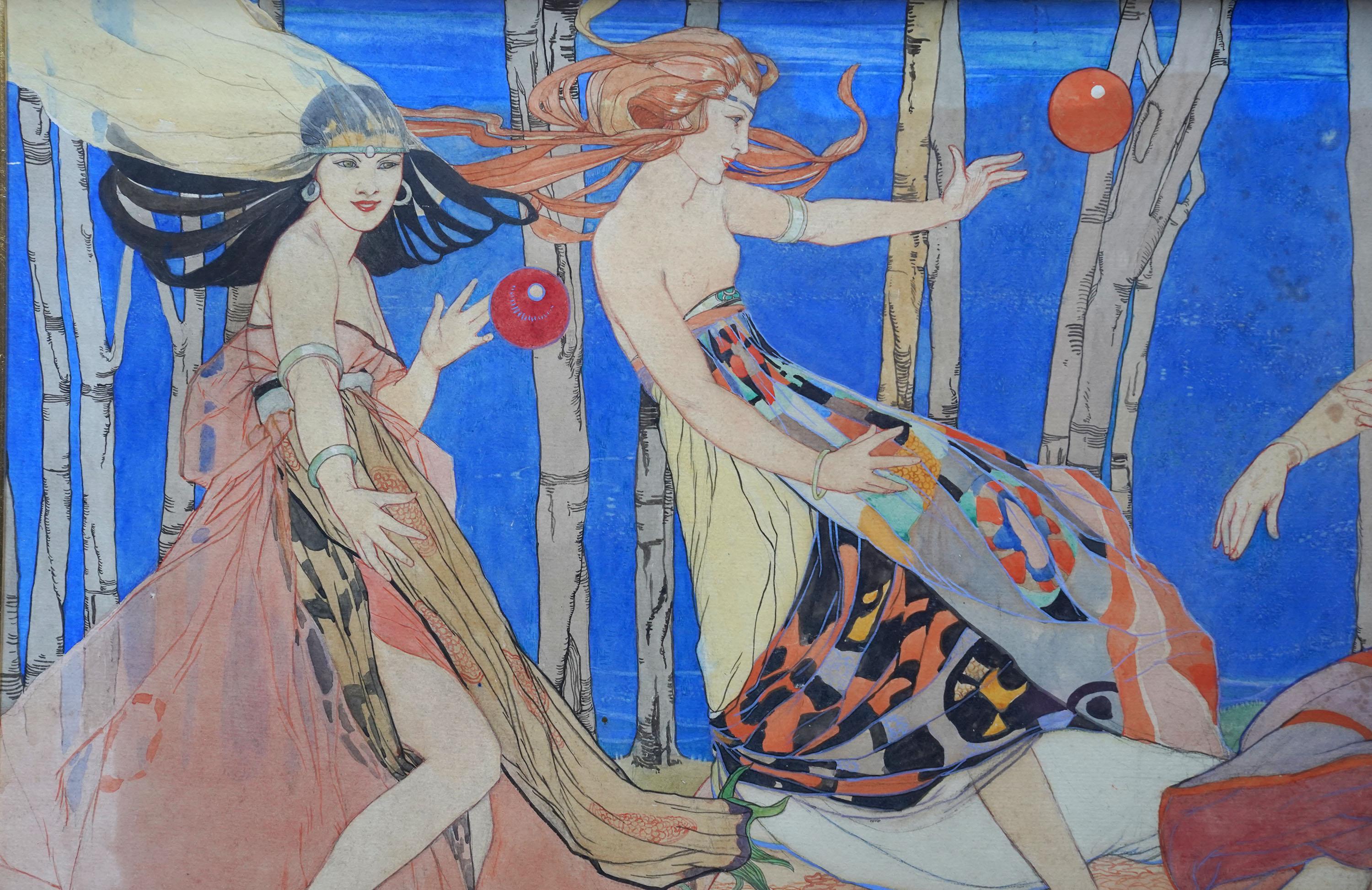 Esta hermosa pintura británica Art Decó de 1930 en acuarela y tinta sobre papel es obra de la respetada artista Averil Mary Burleigh. Pintada hacia 1935, la composición está formada por tres figuras femeninas con túnicas y tocados vaporosos, con
