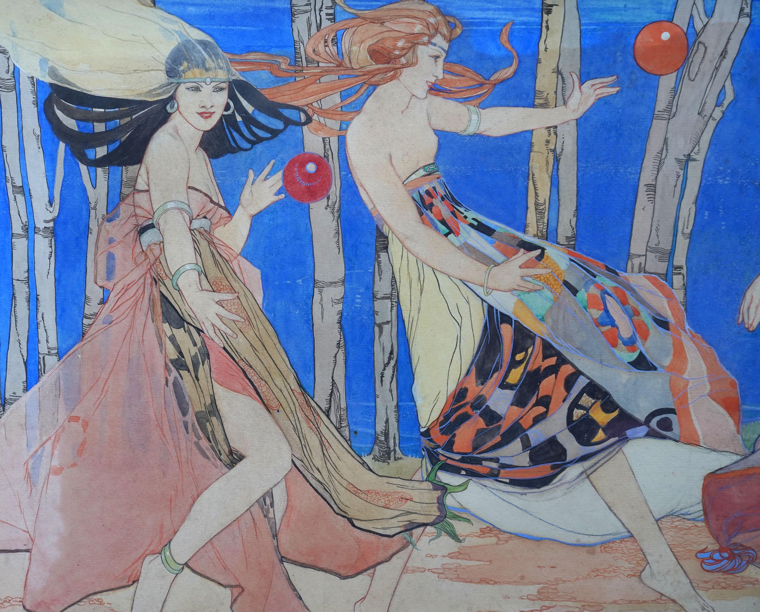 Caerulea - Pintura figurativa británica Art Decó c1935 acuarela y tinta en venta 2