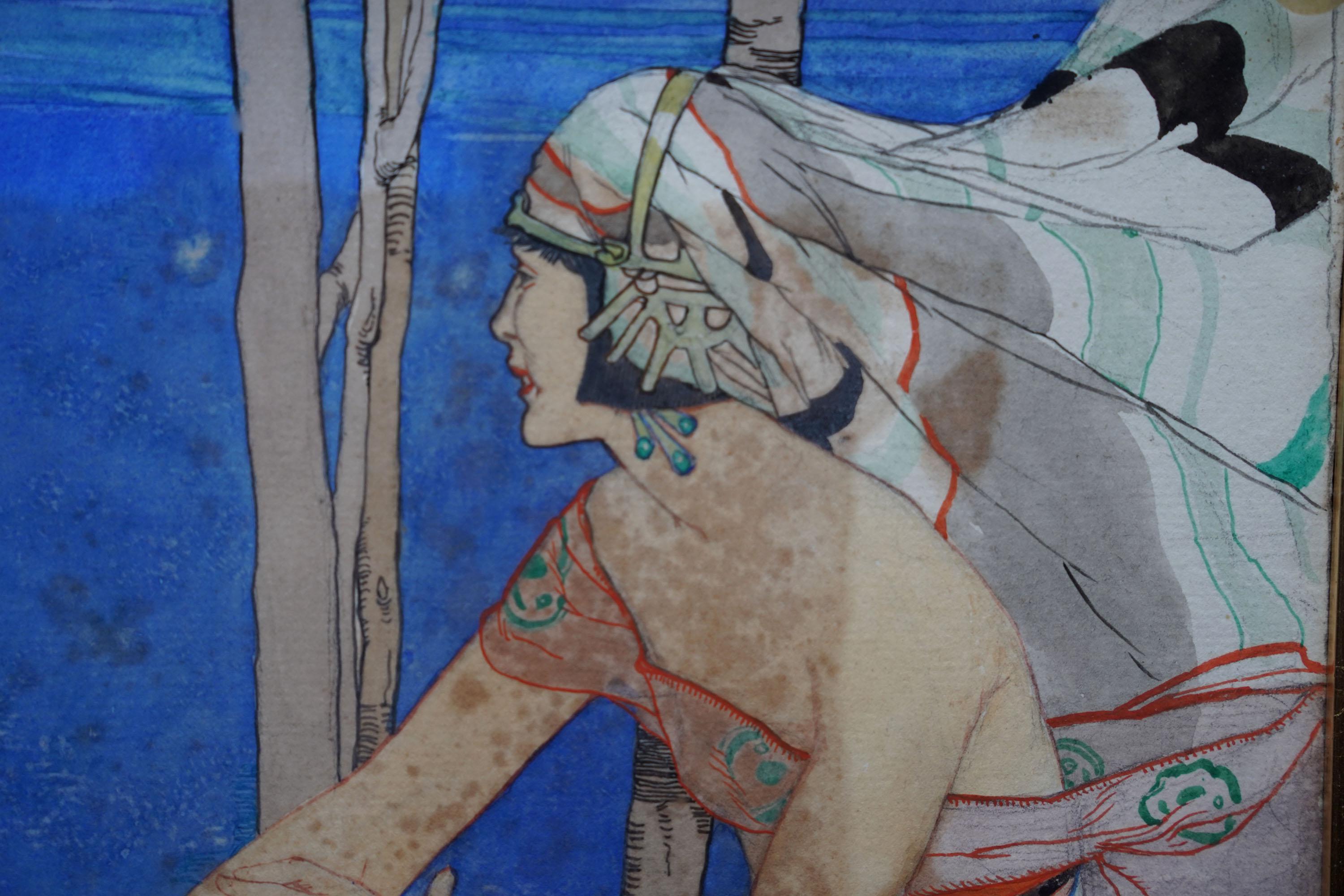 Caerulea - Pintura figurativa británica Art Decó c1935 acuarela y tinta en venta 5