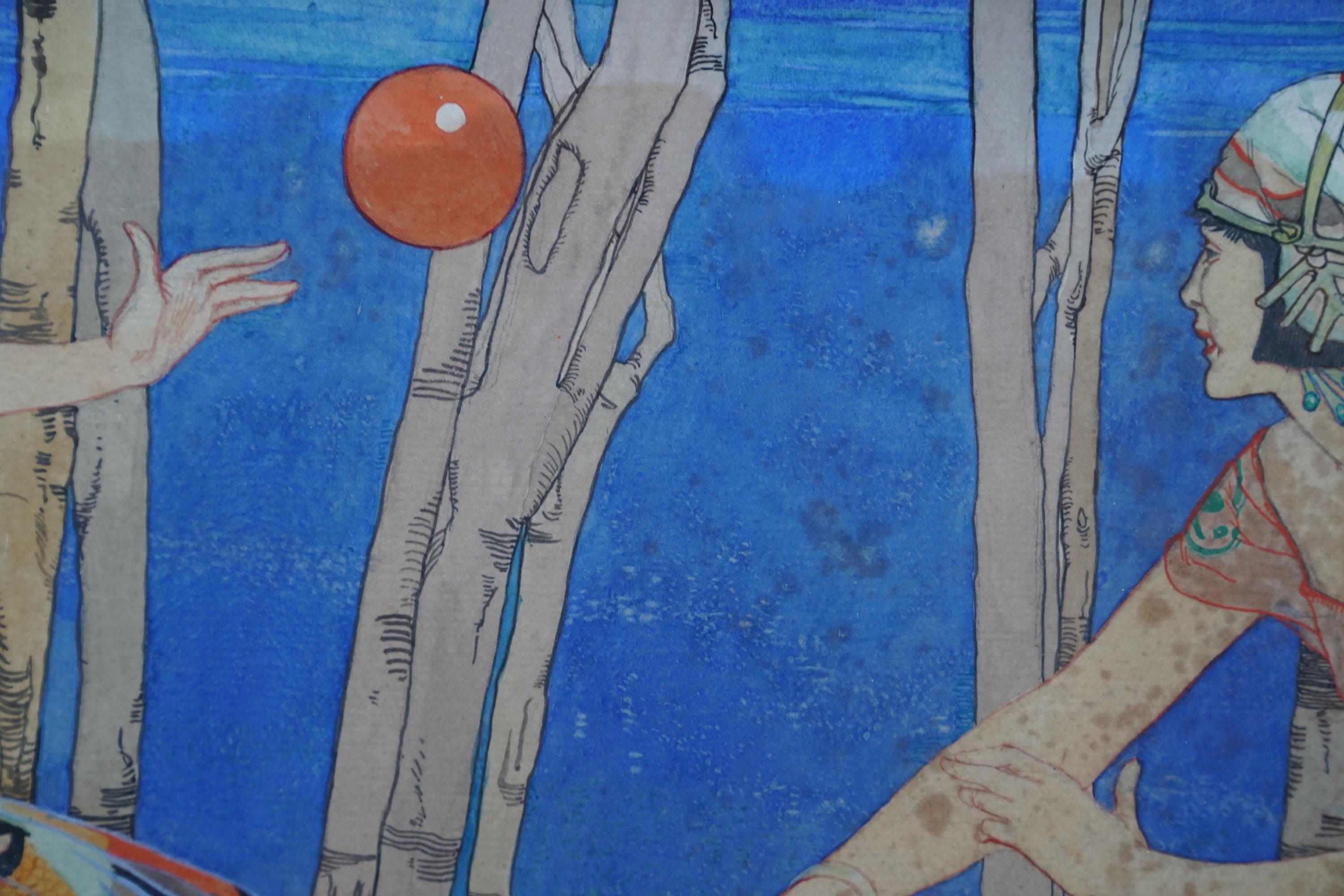 Caerulea - Pintura figurativa británica Art Decó c1935 acuarela y tinta en venta 6