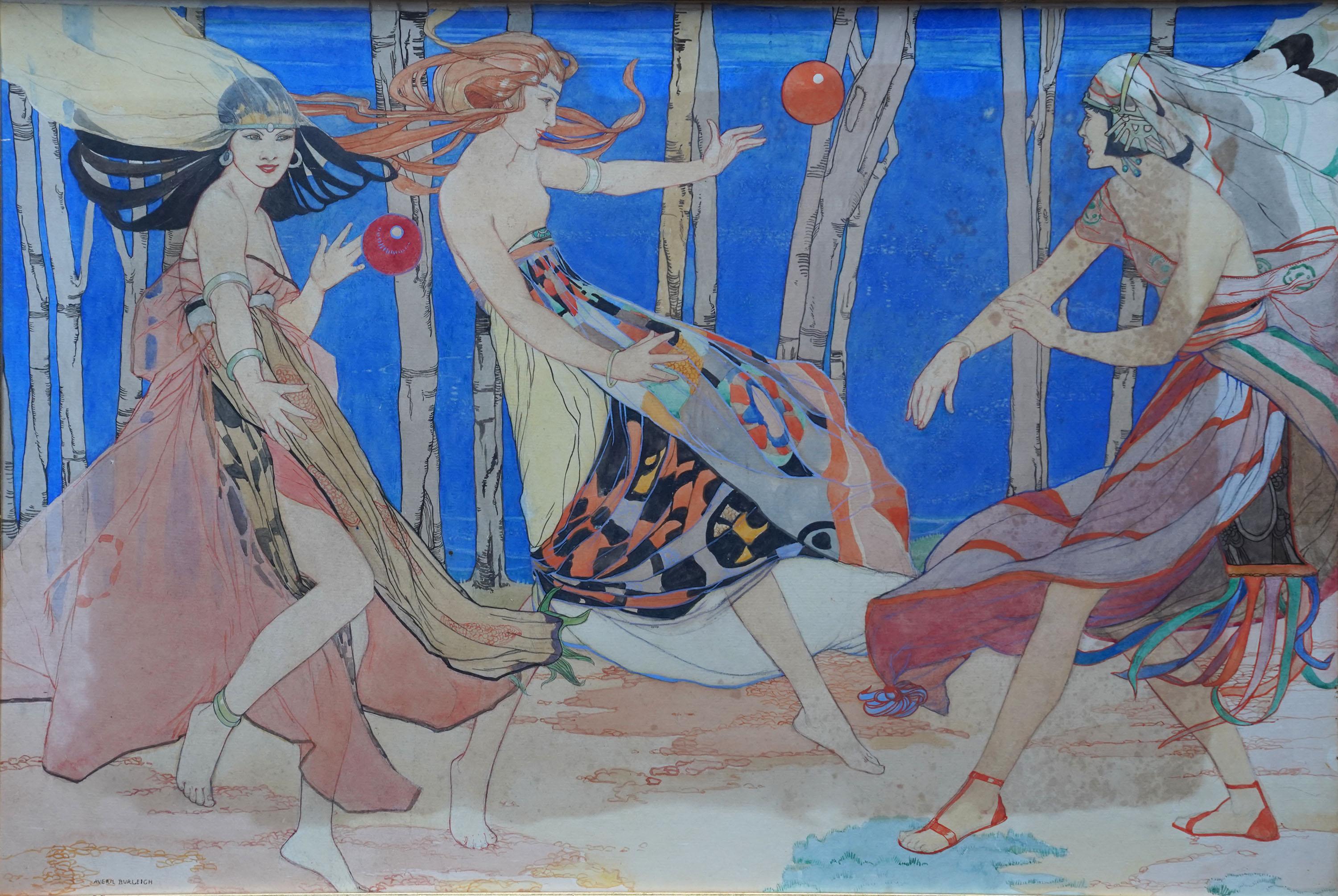 Caerulea - Pintura figurativa británica Art Decó c1935 acuarela y tinta en venta 10