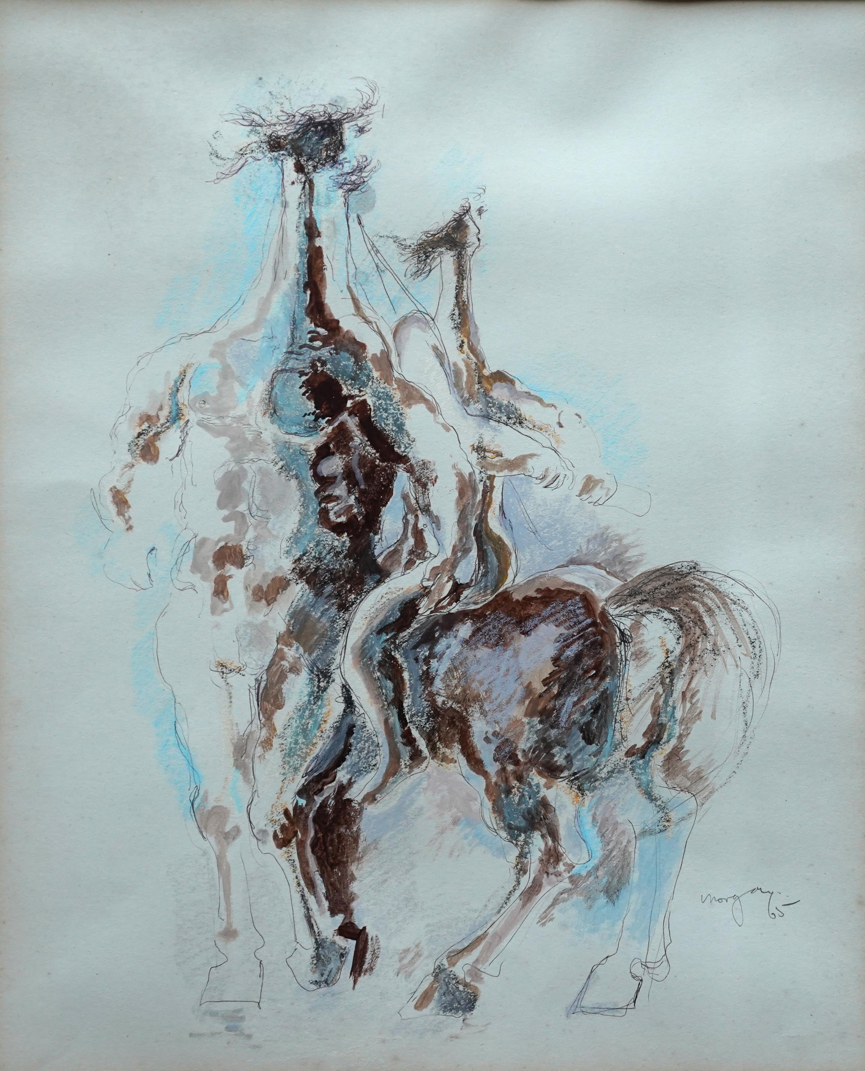 Aquiles y el Centauro - Arte de la mitología griega galesa 1965 acuarela - Figurative Art Gris de Glyn Morgan