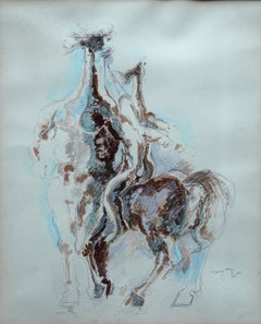 Achilles and Centaur - Welsh Greek Mythology art 1965 water colour painting