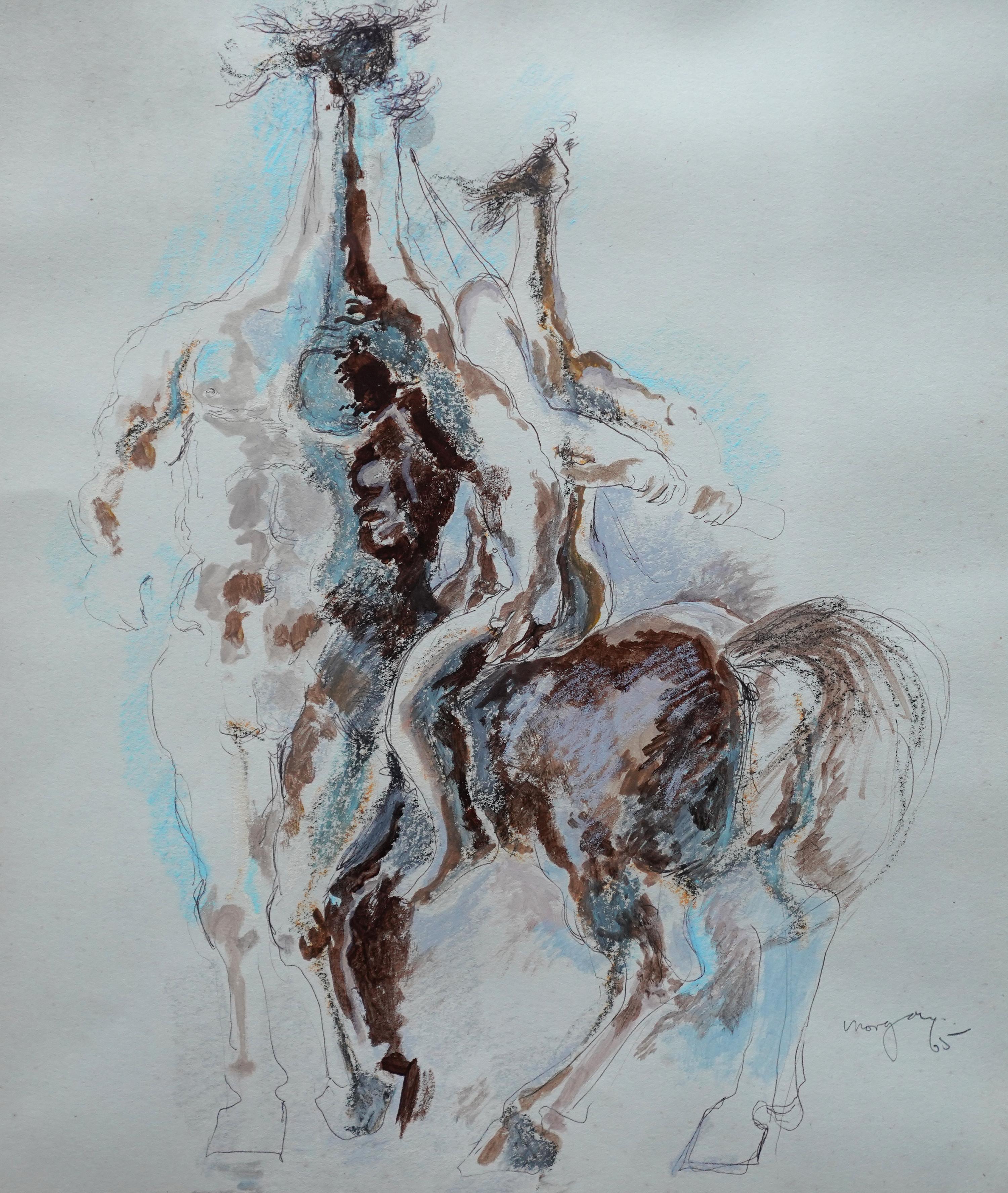 Esta interesante acuarela mitológica sobre papel es obra del célebre artista galés Glyn Morgan. Pintado en 1965, lleva en el verso el título Aquiles y el centauro. (véase más abajo una sinopsis de la leyenda). La leyenda de Quirón, el centauro, y