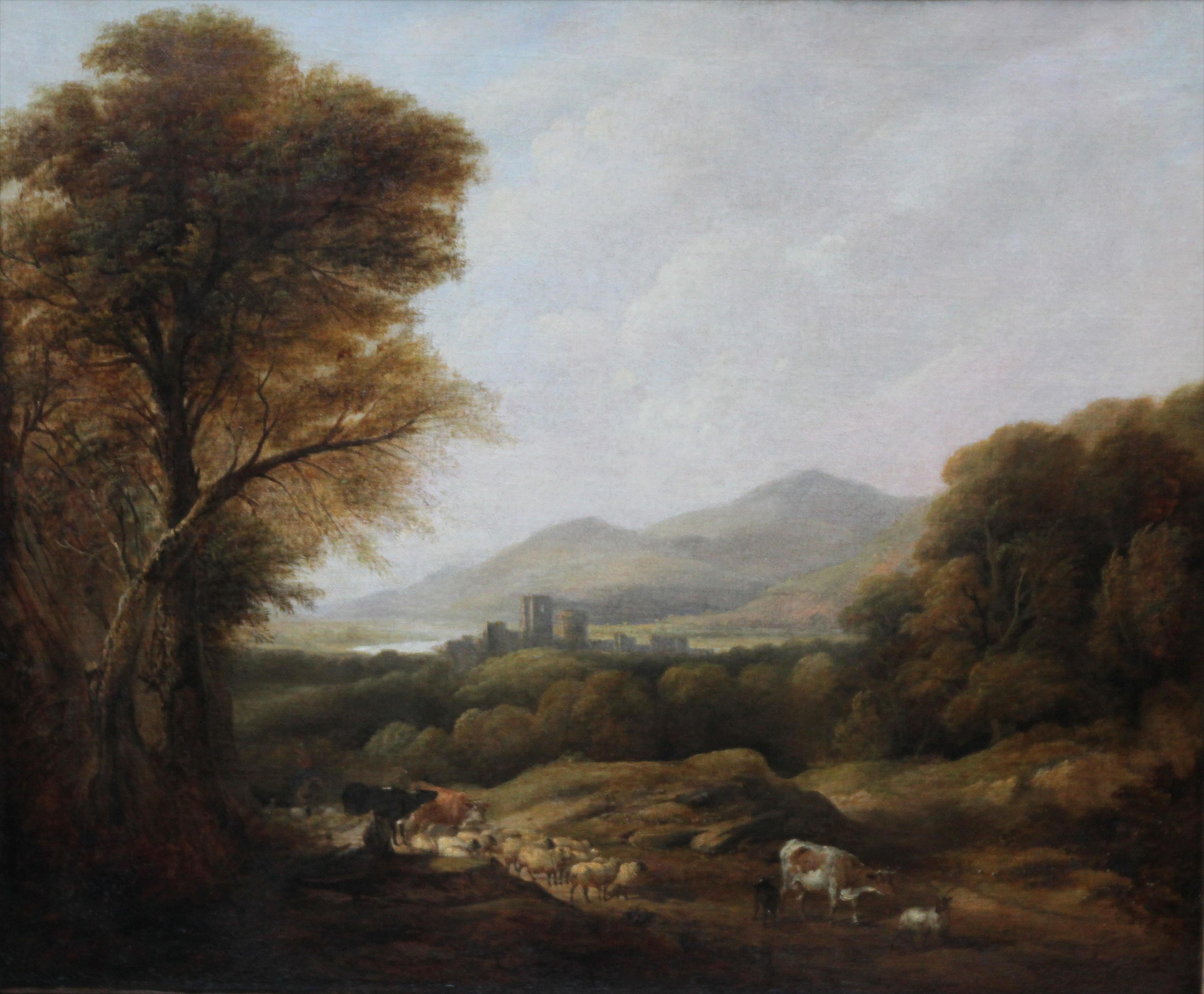 Cattle and Drover in a Landscape - British Victorian art landscape oil painting - Painting by Henry Jutsum 