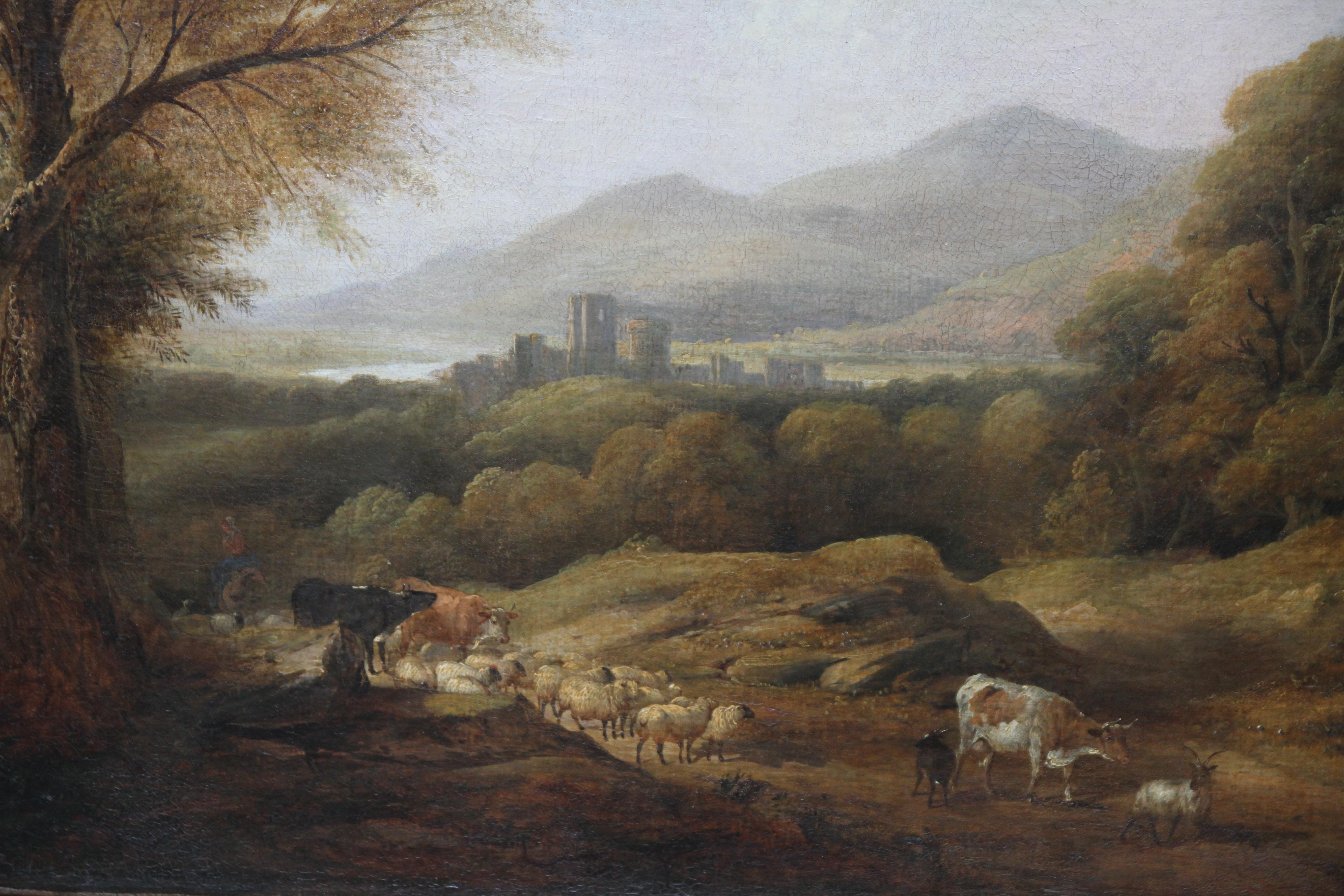 Cattle and Drover in a Landscape - British Victorian art landscape oil painting - Old Masters Painting by Henry Jutsum 