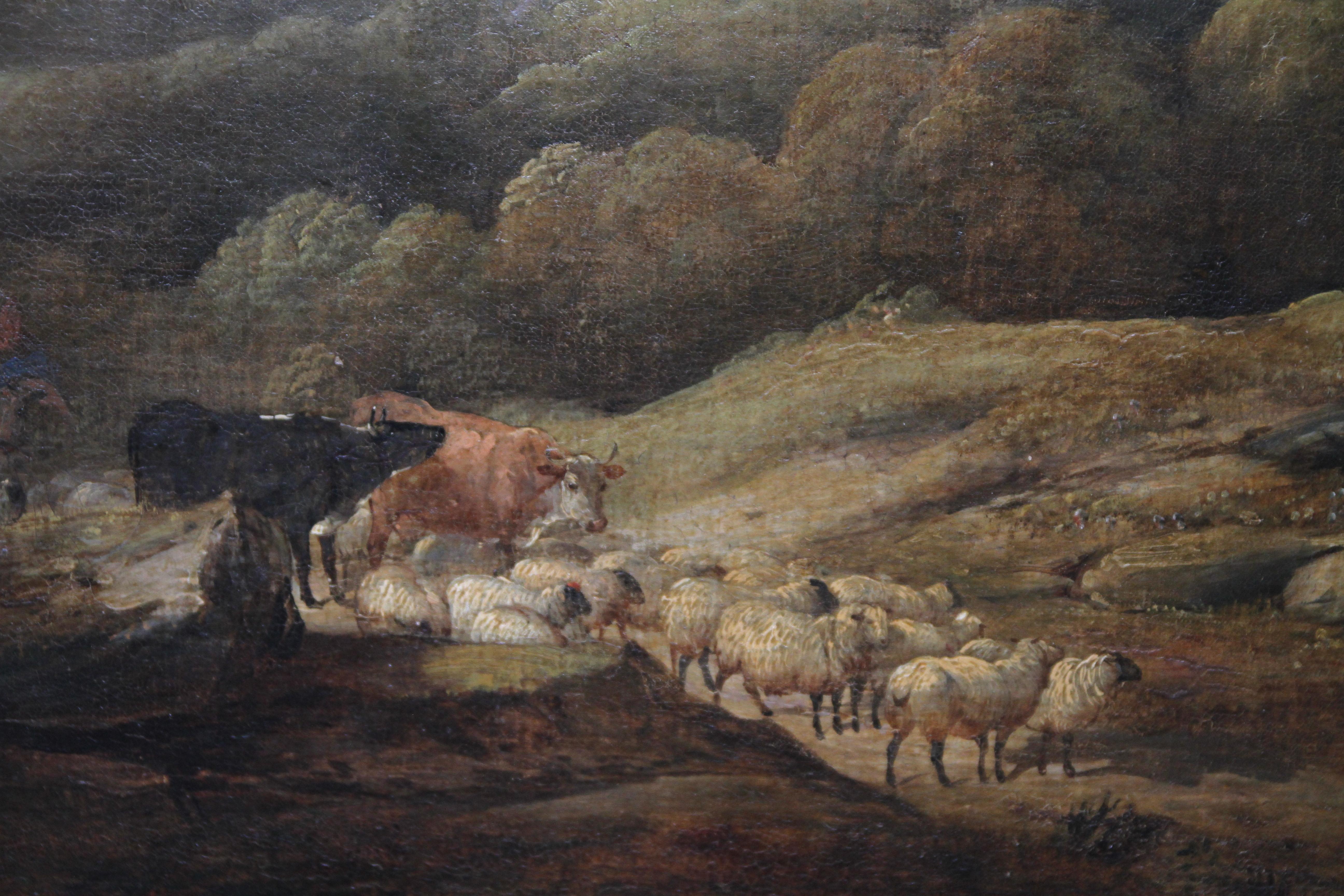 Cattle and Drover in a Landscape - British Victorian art landscape oil painting - Black Animal Painting by Henry Jutsum 