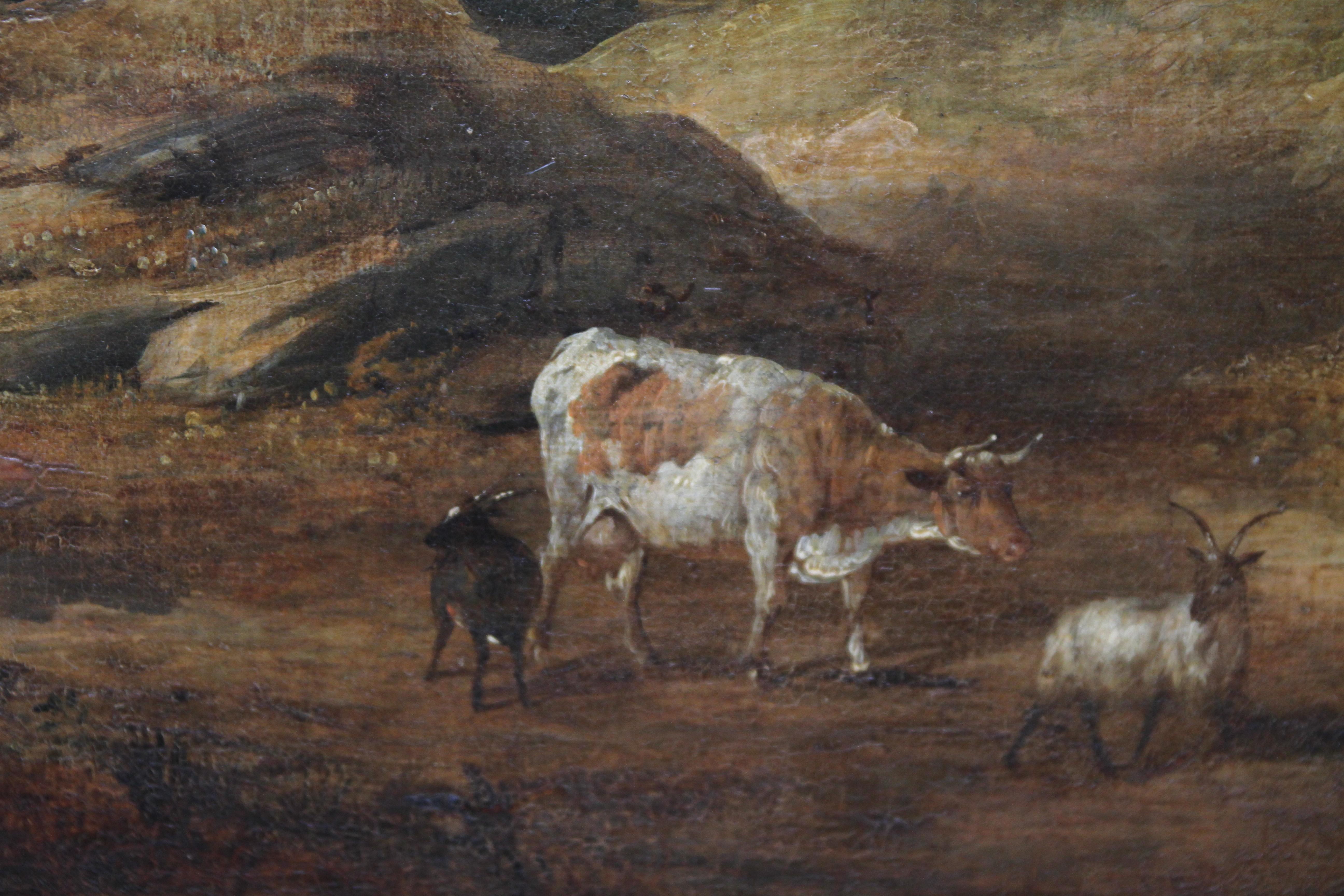 This gorgeous oil on canvas Victorian Old Master painting is by British artist Henry Jutsum. Painted circa 1850 the painting depicts a drover on horse back bringing up the rear behind cattle and sheep. Set in a magnificent landscape there are castle