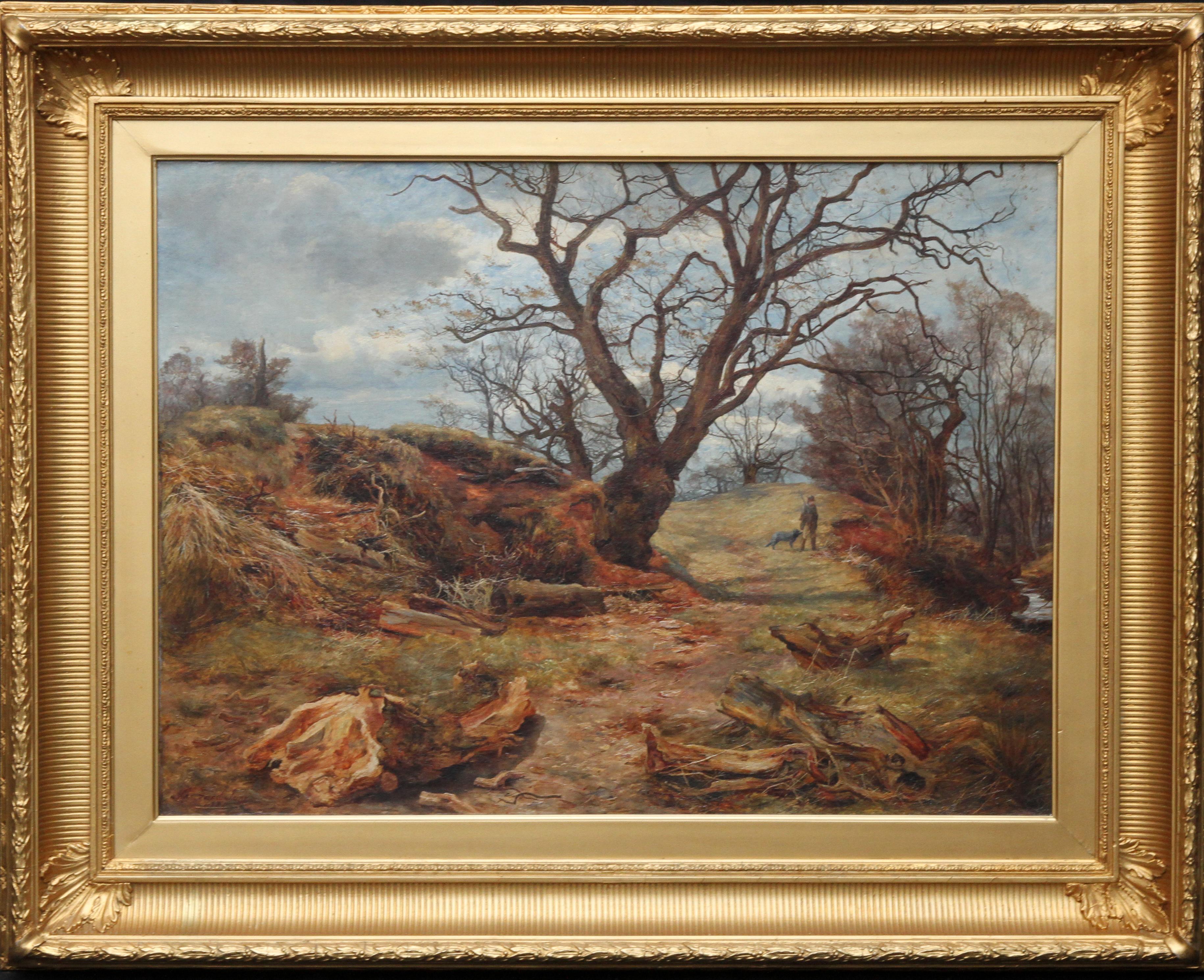 James Faed Jnr Landscape Painting - Hunter with his Dog in a Landscape - Scottish Victorian art oil painting Cadzow