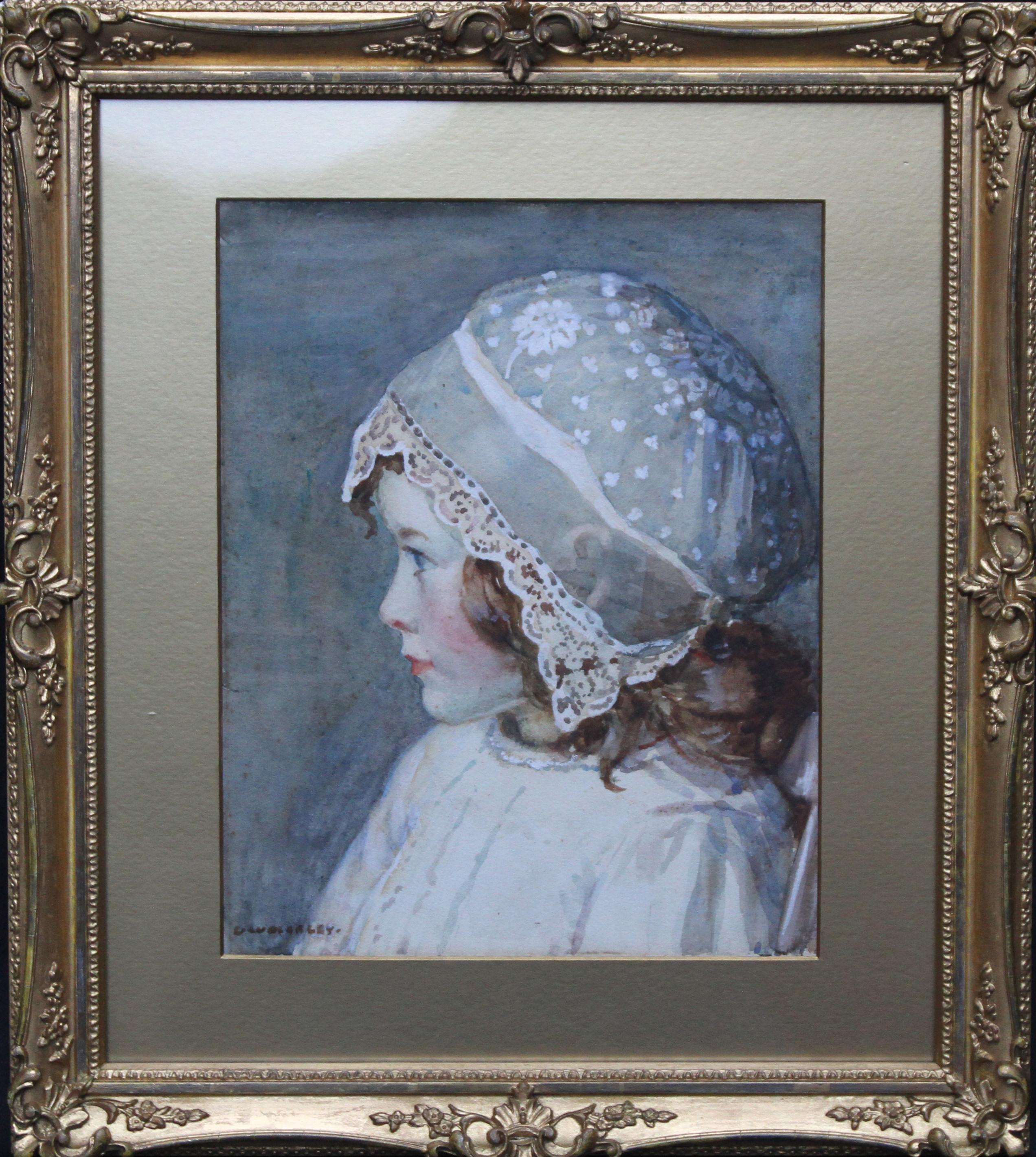 Portrait of a Girl in a Lace Bonnet -British art Edwardian Newlyn School exhibit - Art by Garnet Ruskin Wolseley