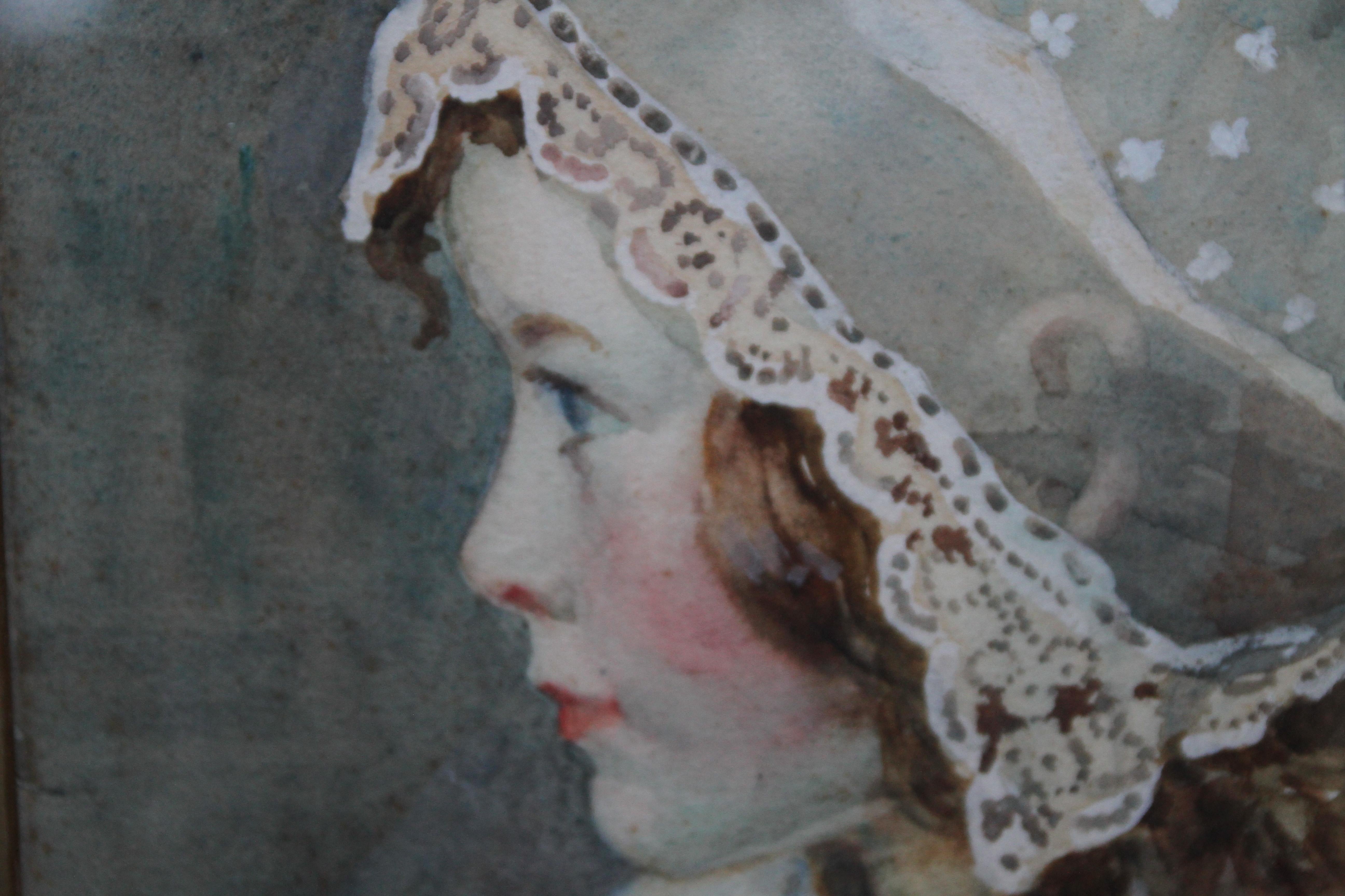 Portrait of a Girl in a Lace Bonnet -British art Edwardian Newlyn School exhibit - Realist Art by Garnet Ruskin Wolseley