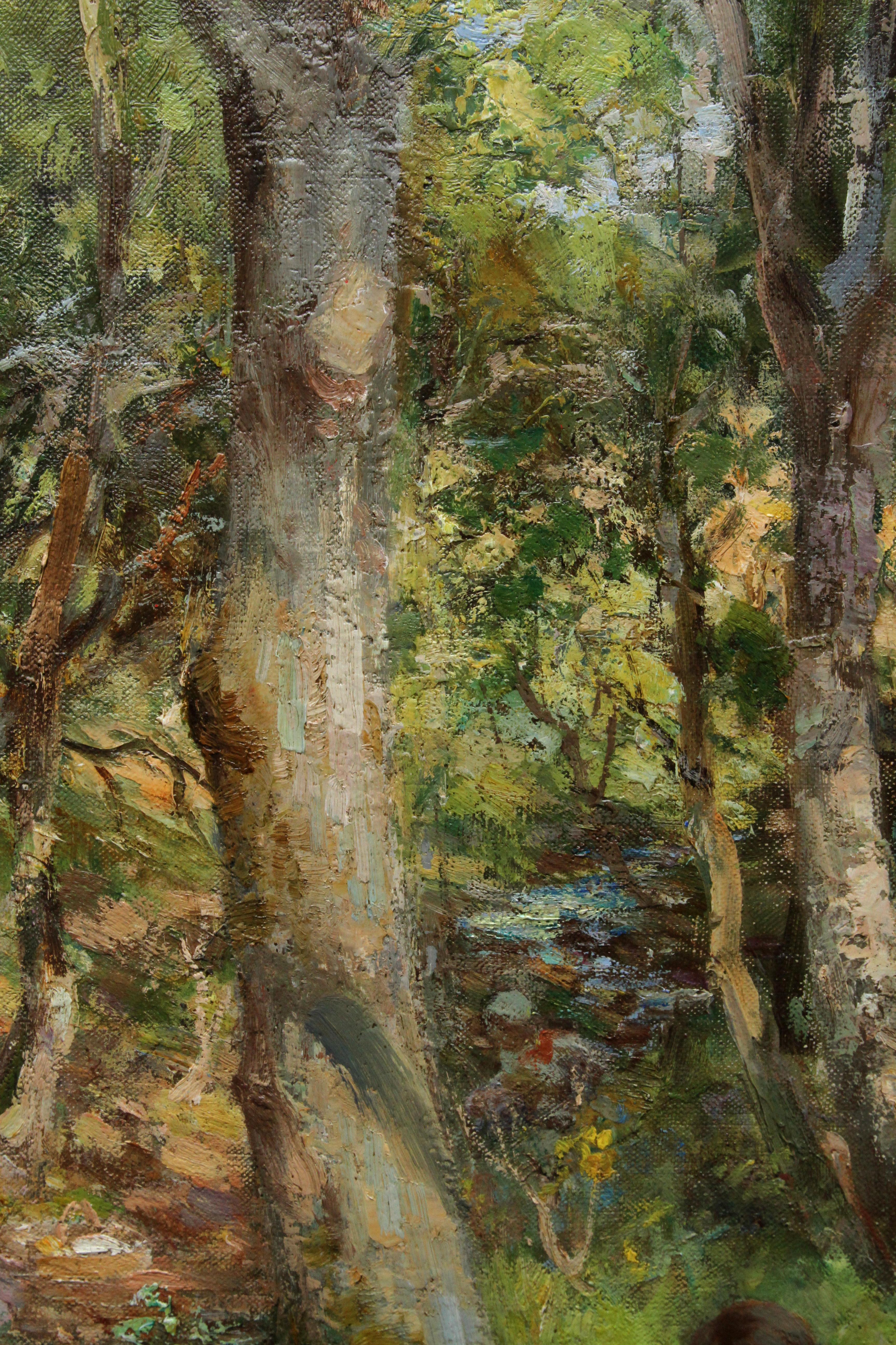 Frühling im Bluebell-Holz - edwardianische schottische impressionistische Kunstöllandschaft 1
