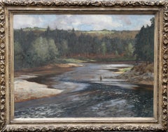 Vintage Fisherman on the Upper Spey - British art Scottish river landscape oil painting