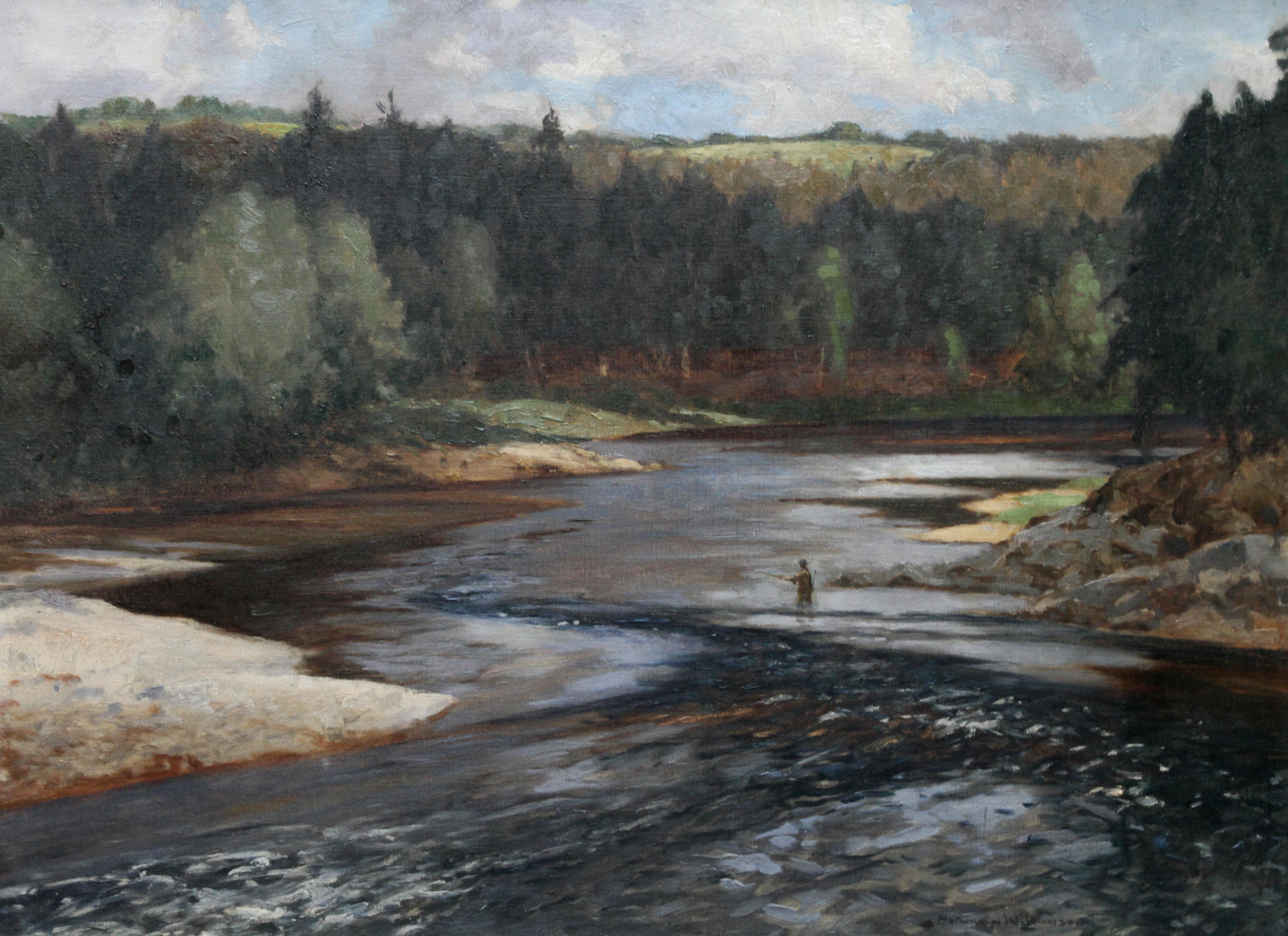 Fisherman on the Upper Spey - British art Scottish river landscape oil painting - Painting by Norman Wilkinson