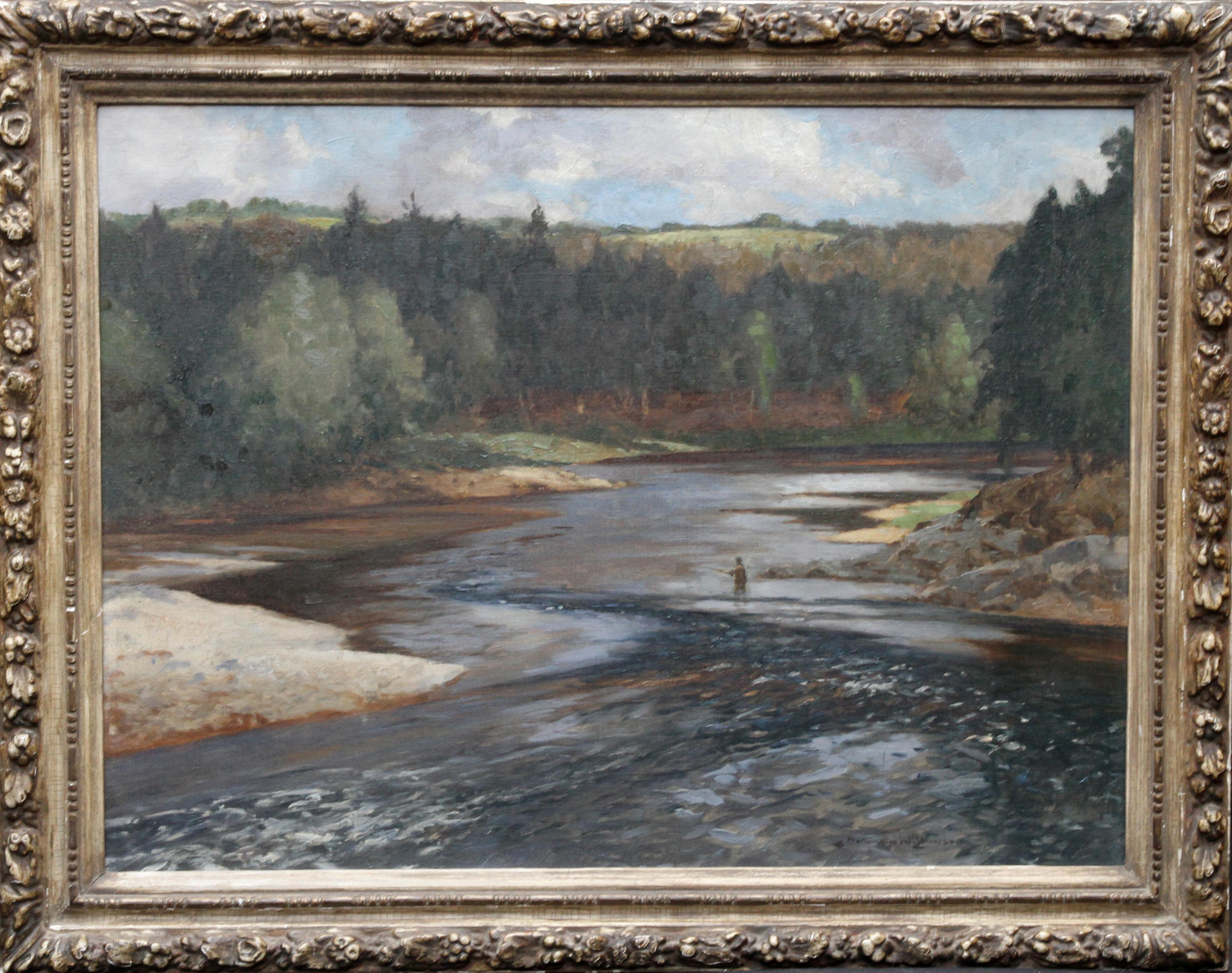 Fisherman on the Upper Spey - British art Scottish river landscape oil painting 2