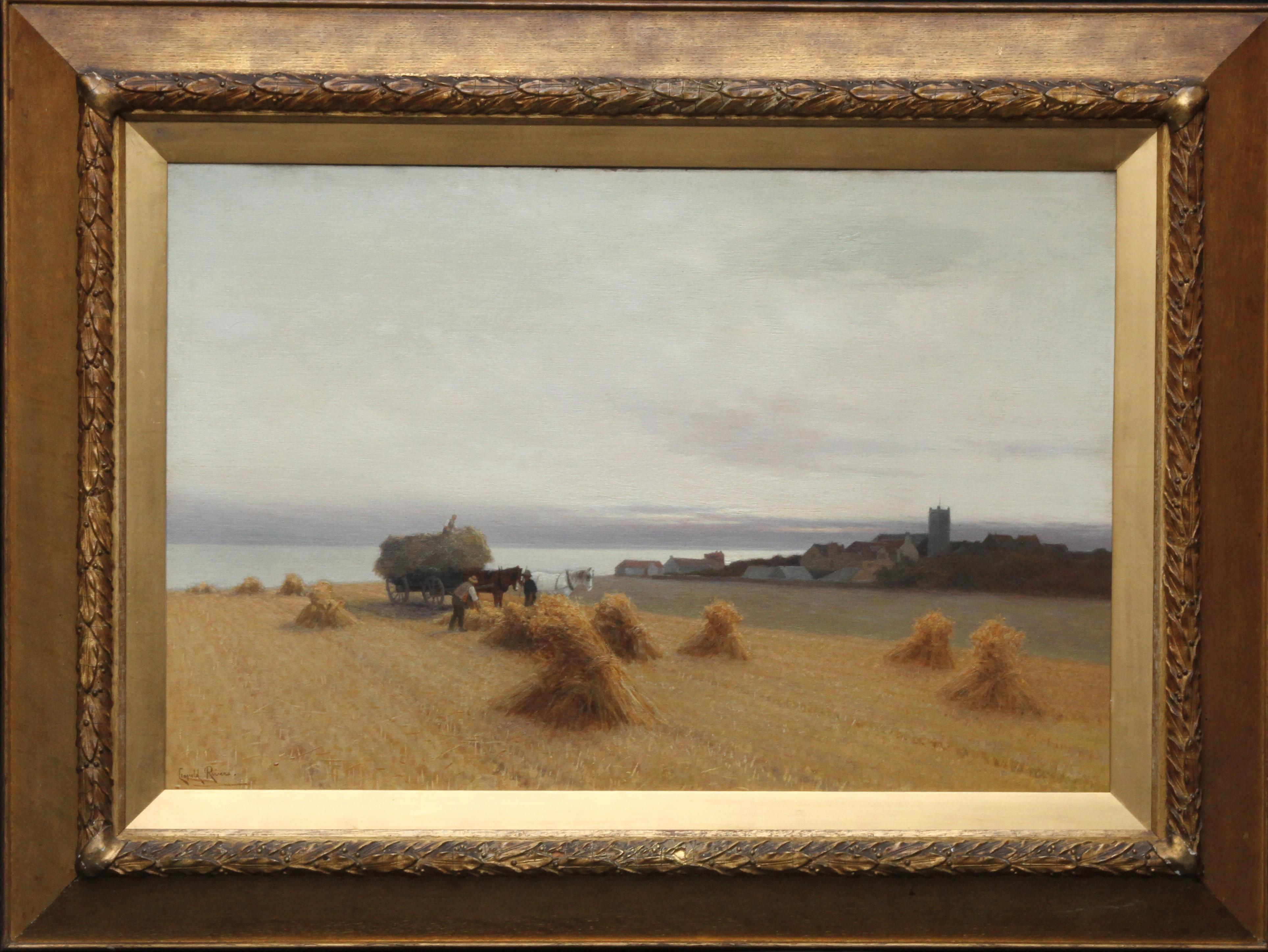Leopold Rivers Landscape Painting - Harvesters in a Coastal Landscape - British art 19th century oil painting