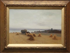 Harvesters in a Coastal Landscape - British art 19th century oil painting