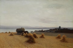 Harvesters in a Coastal Landscape - British art 19th century oil painting