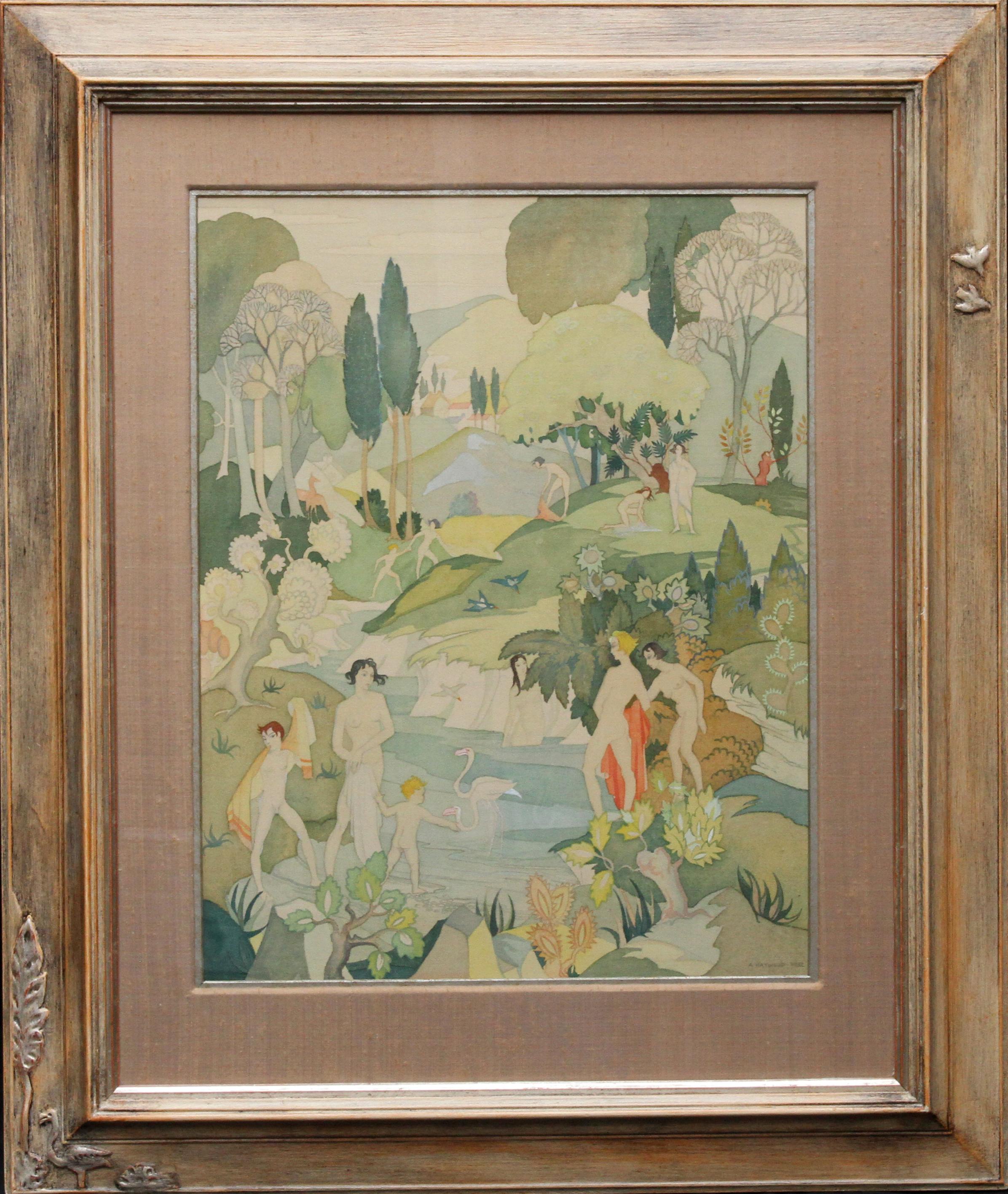 Ann Haywood Figurative Painting – The Bathers – British Art Deco-Ausstellung figurativer Landschafts-Aquarell-Seidenschal
