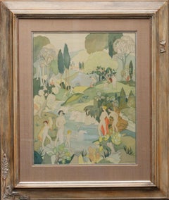 The Bathers - British Art Deco exhibited figurative landscape watercolour silk
