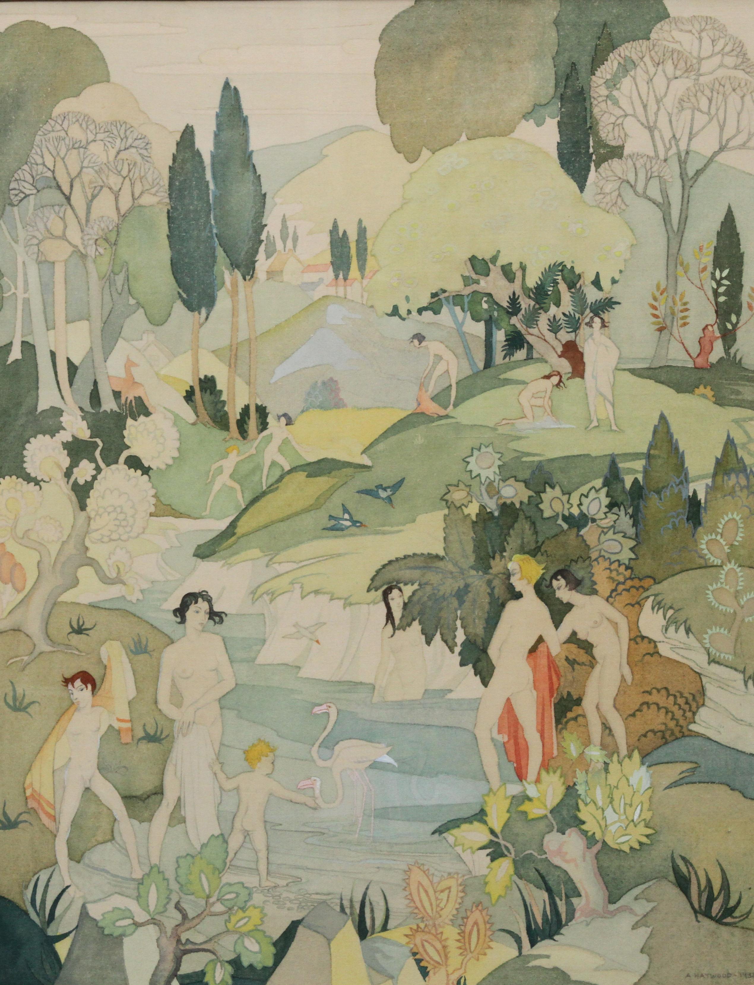 The Bathers – British Art Deco-Ausstellung figurativer Landschafts-Aquarell-Seidenschal – Painting von Ann Haywood