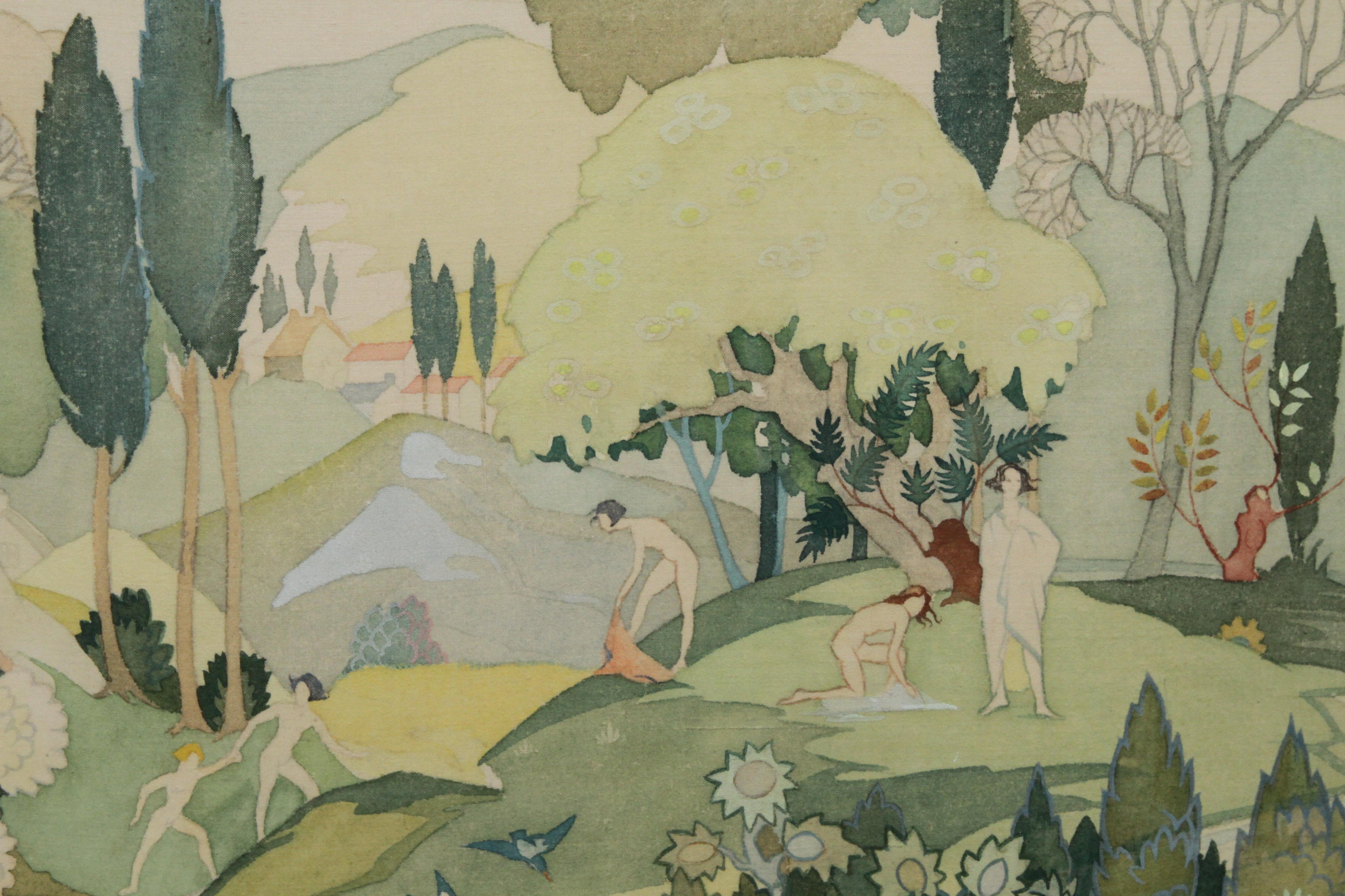 The Bathers – British Art Deco-Ausstellung figurativer Landschafts-Aquarell-Seidenschal (Art déco), Painting, von Ann Haywood