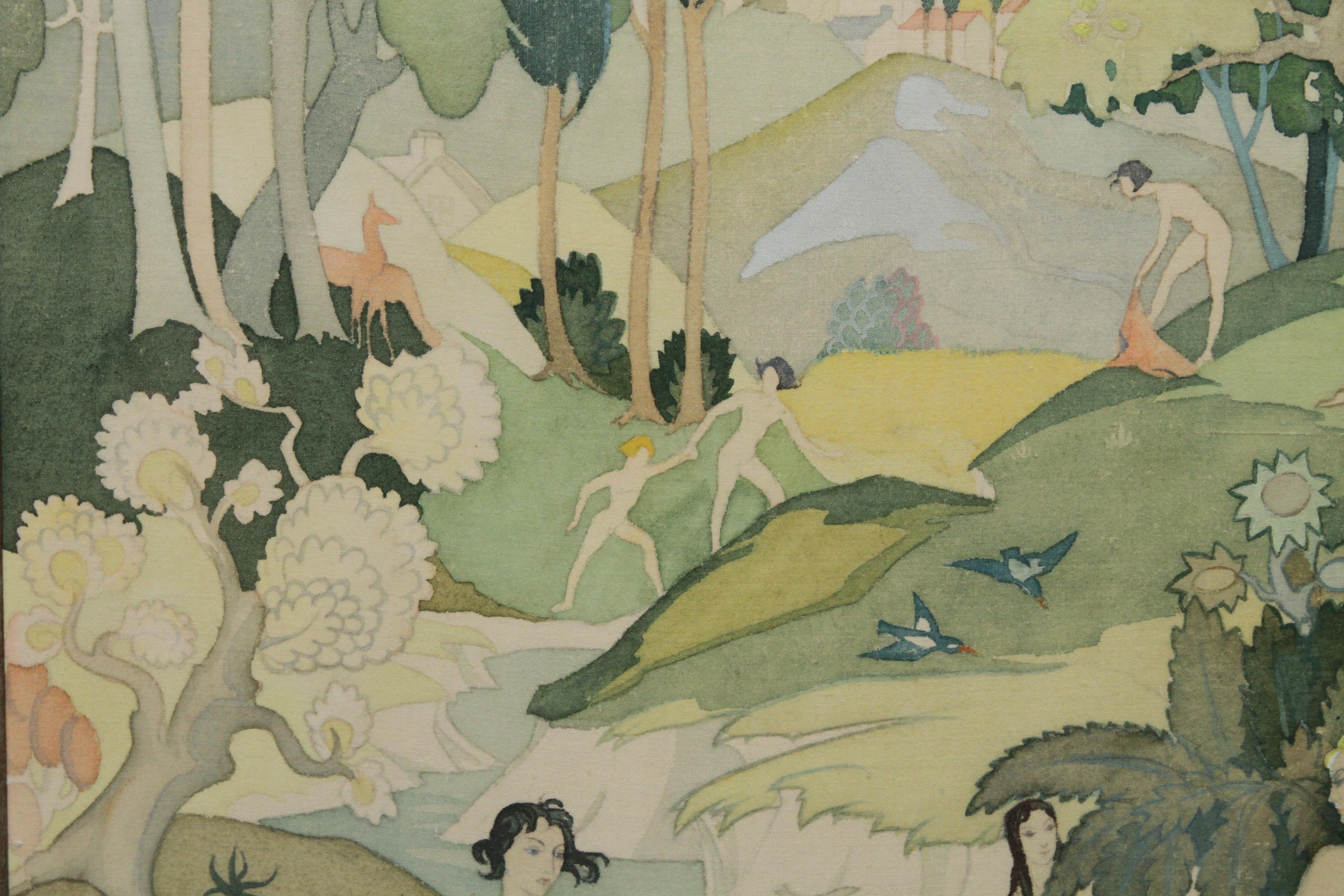The Bathers – British Art Deco-Ausstellung figurativer Landschafts-Aquarell-Seidenschal (Braun), Figurative Painting, von Ann Haywood