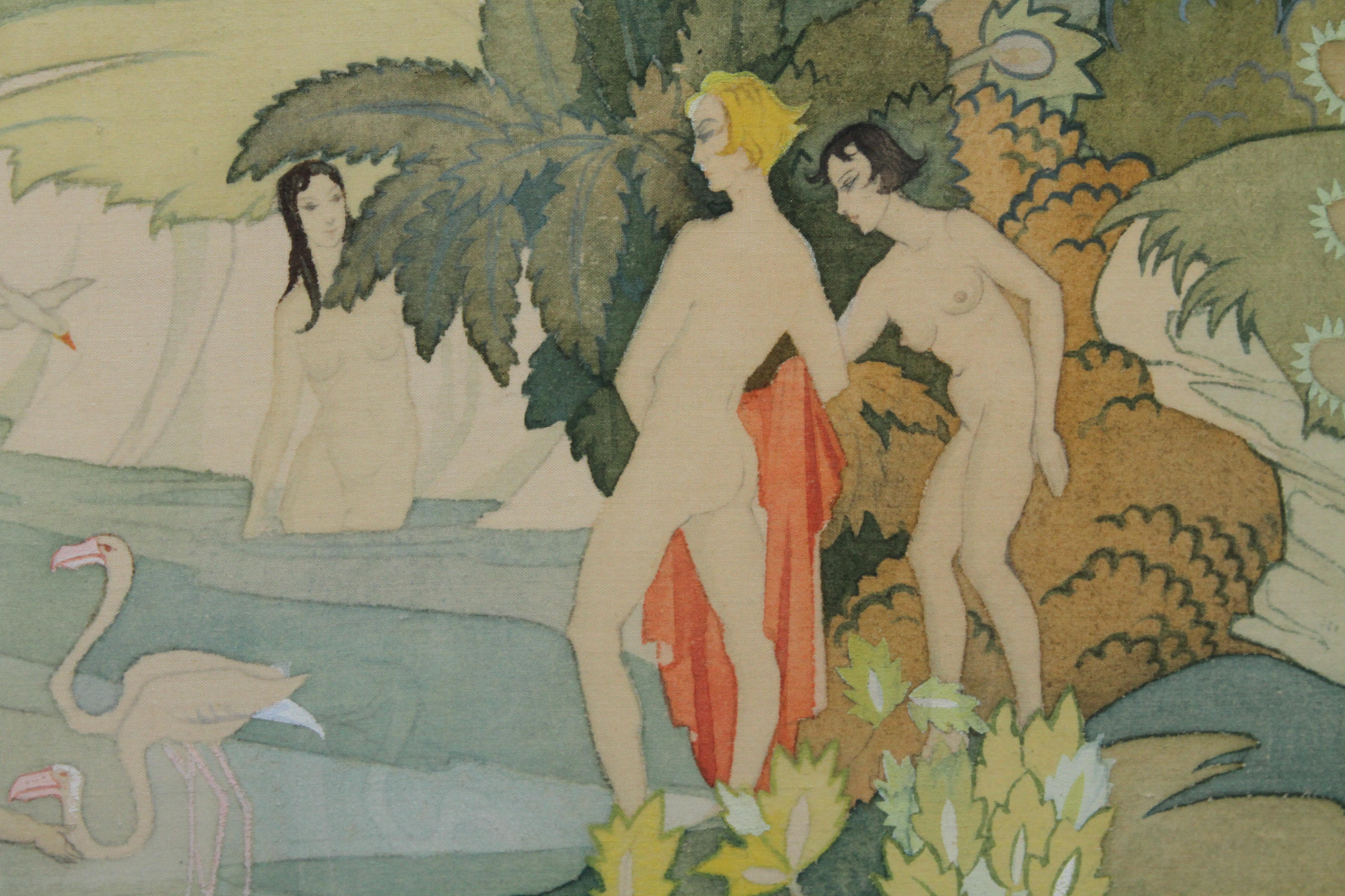 Dieses schöne, zarte und detailreiche Aquarell auf Seide ist ein Werk der britischen Künstlerin Ann Haywood. Es handelt sich um ein ausgestelltes Werk aus dem Jahr 1933, das in der Royal Academy unter dem Titel The River Nymphs ausgestellt wurde.