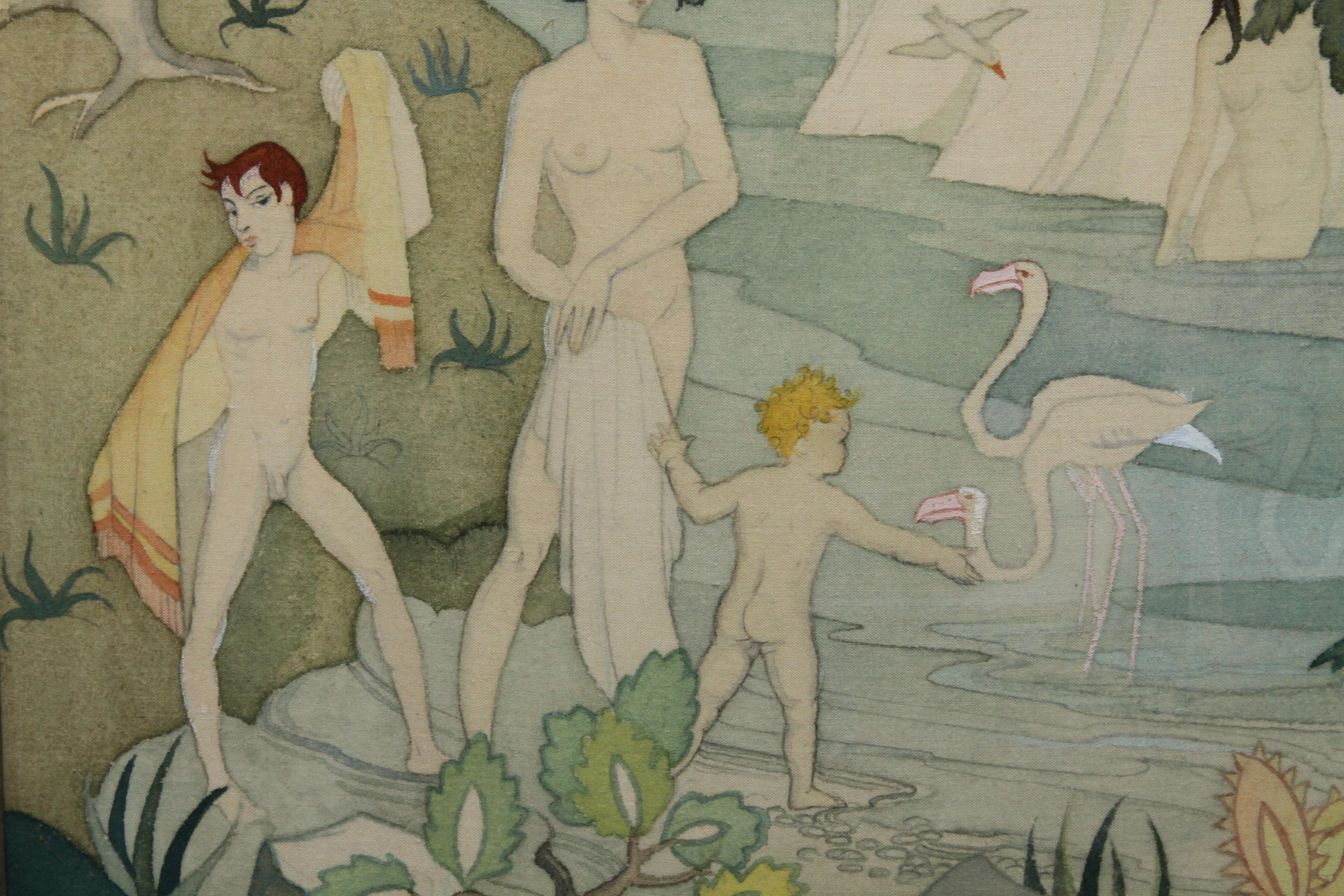 The Bathers – British Art Deco-Ausstellung figurativer Landschafts-Aquarell-Seidenschal 1